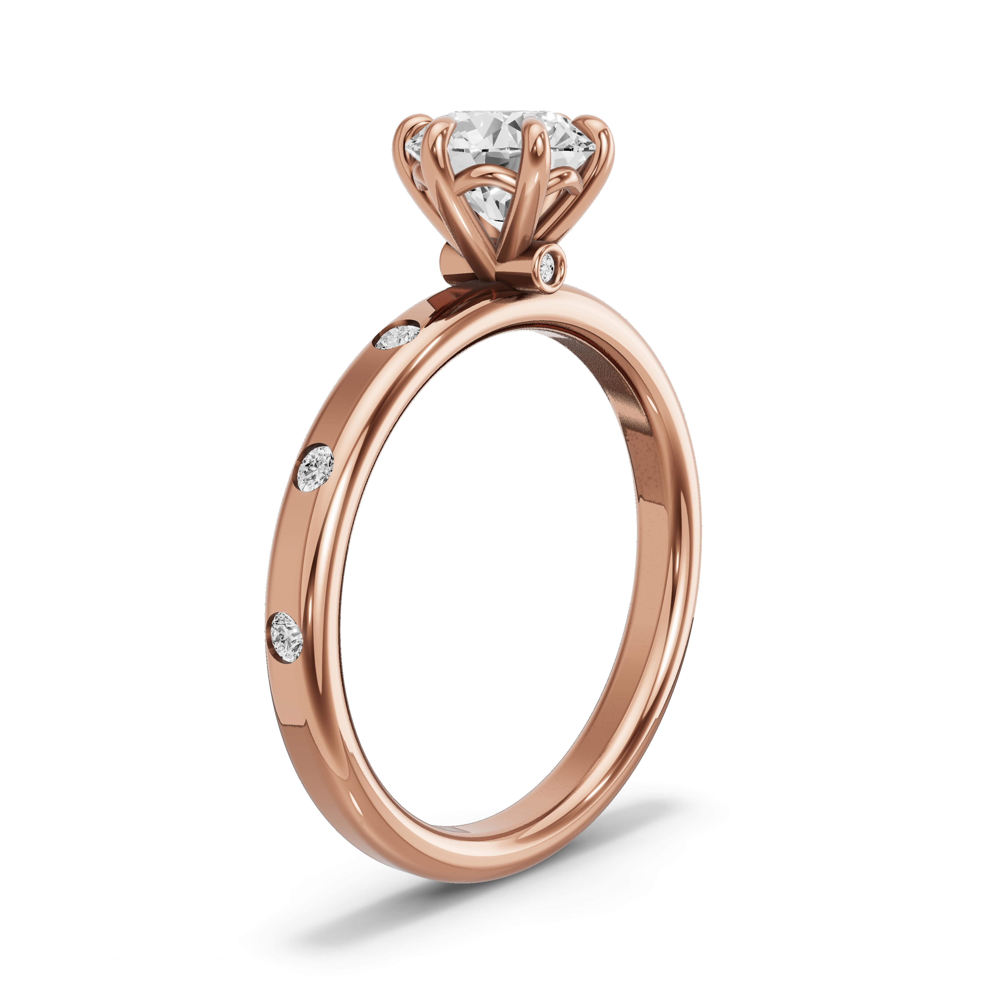 Image for Round Six Prong diamond Ring with Sleek Accent band in 14K Rose Gold