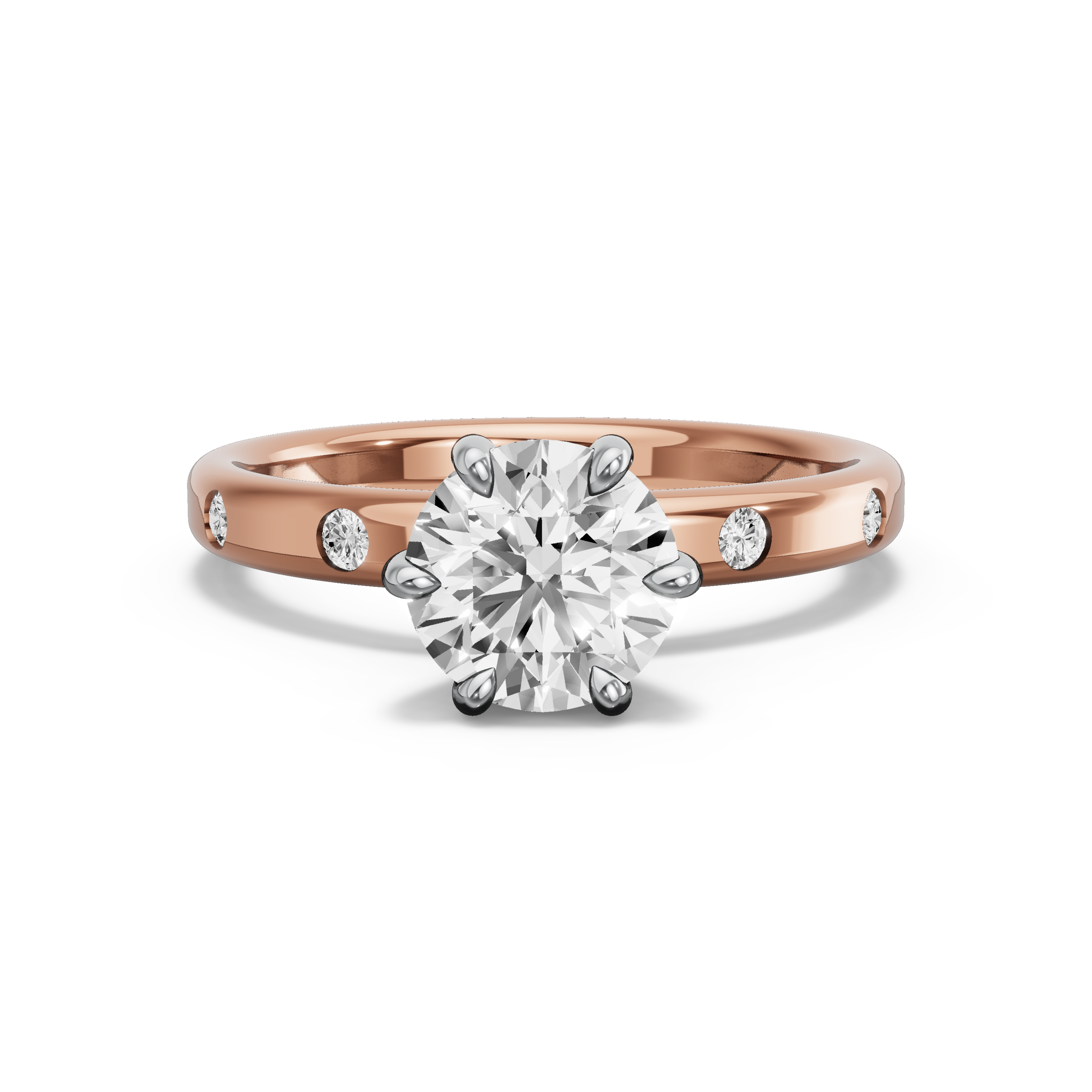 Image for Round Six Prong diamond Ring with Sleek Accent band in 14K Two Tone Rose Gold