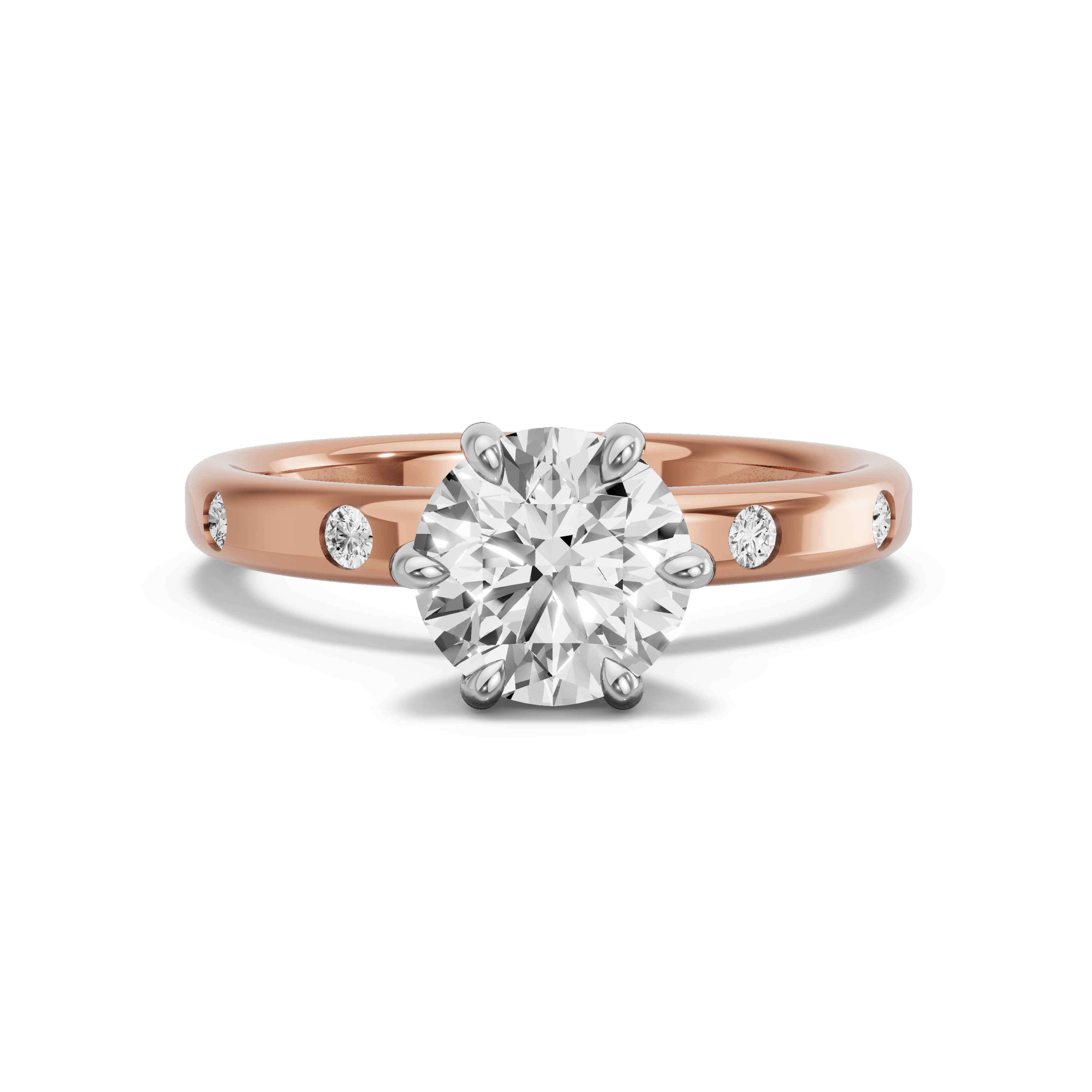 Image for Round Six Prong diamond Ring with Sleek Accent band in 18K Two Tone Rose Gold