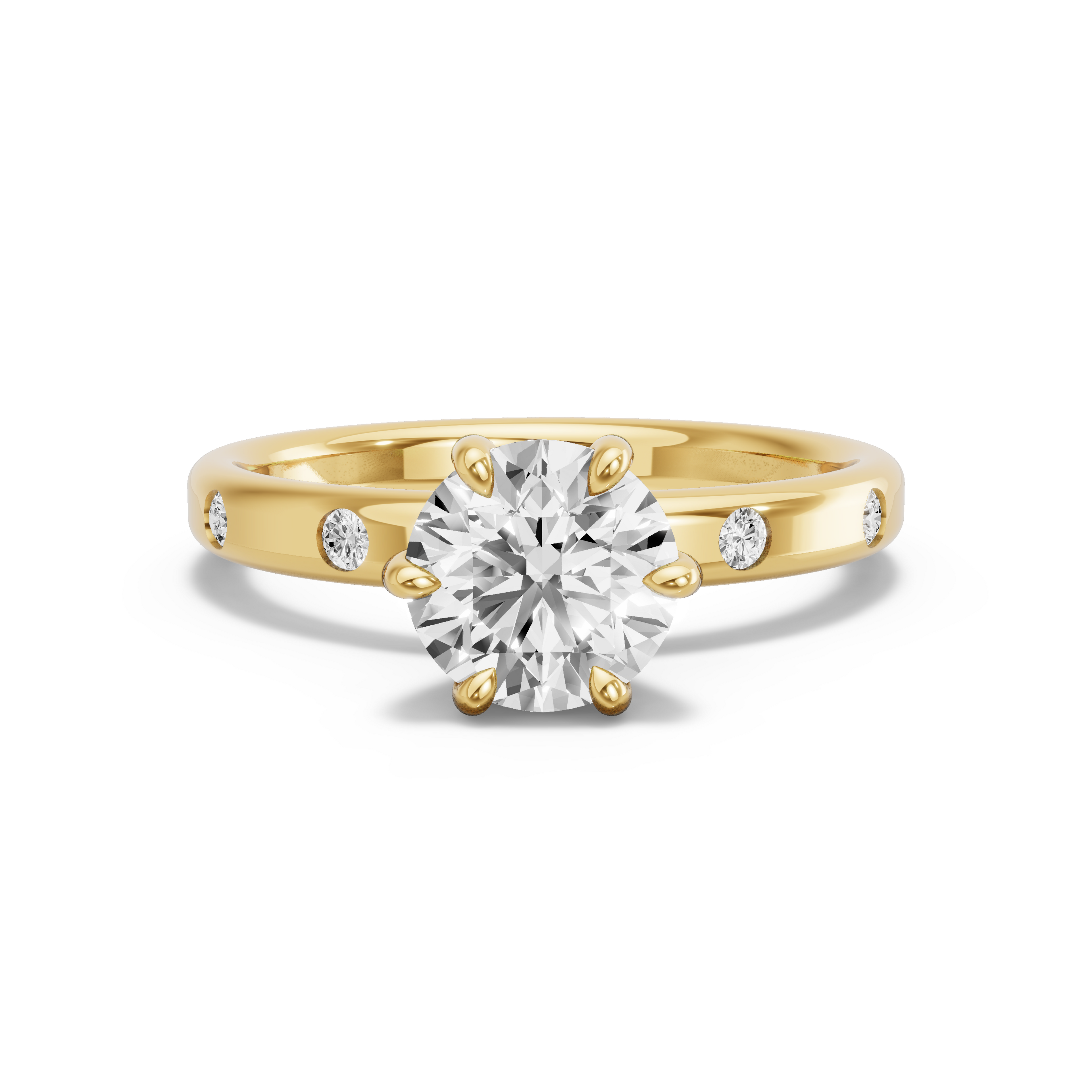 Image for Round Six Prong diamond Ring with Sleek Accent band in 10K Yellow Gold