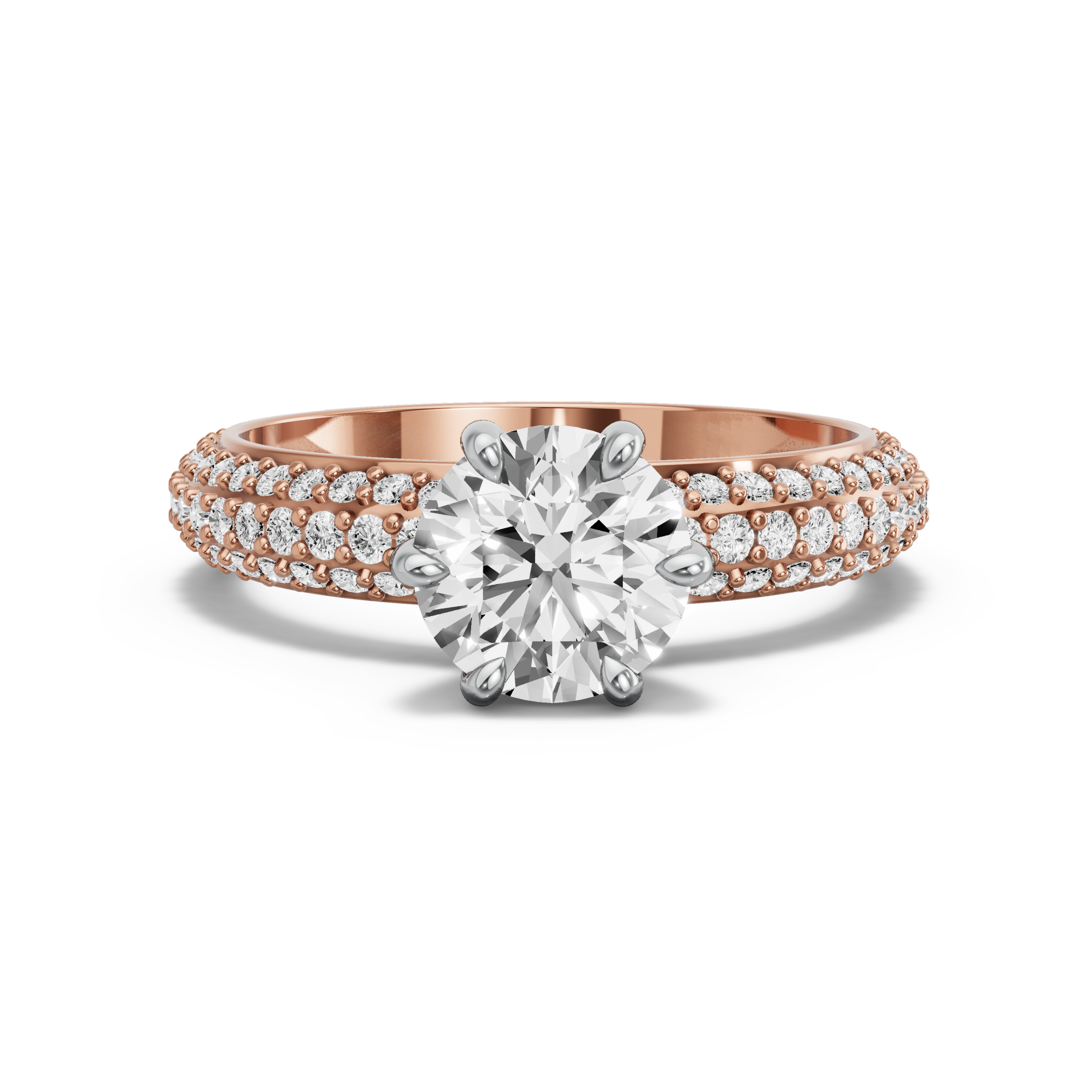 Image for Round Six Prong diamond Ring with Triple Row Pave band in 10K Two Tone Rose Gold