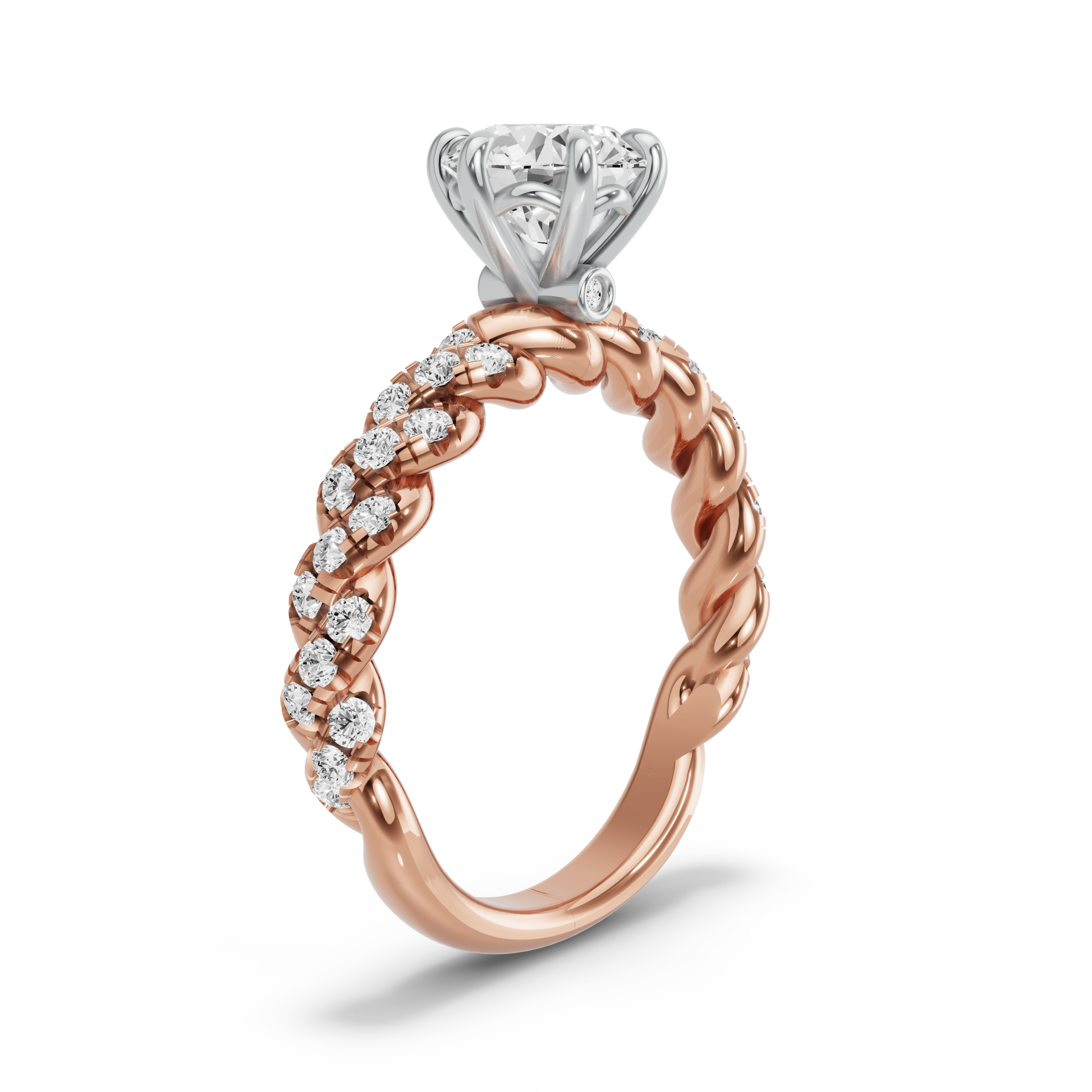 Image for Round Six Prong diamond Ring with Twist Pave band in 18K Two Tone Rose Gold