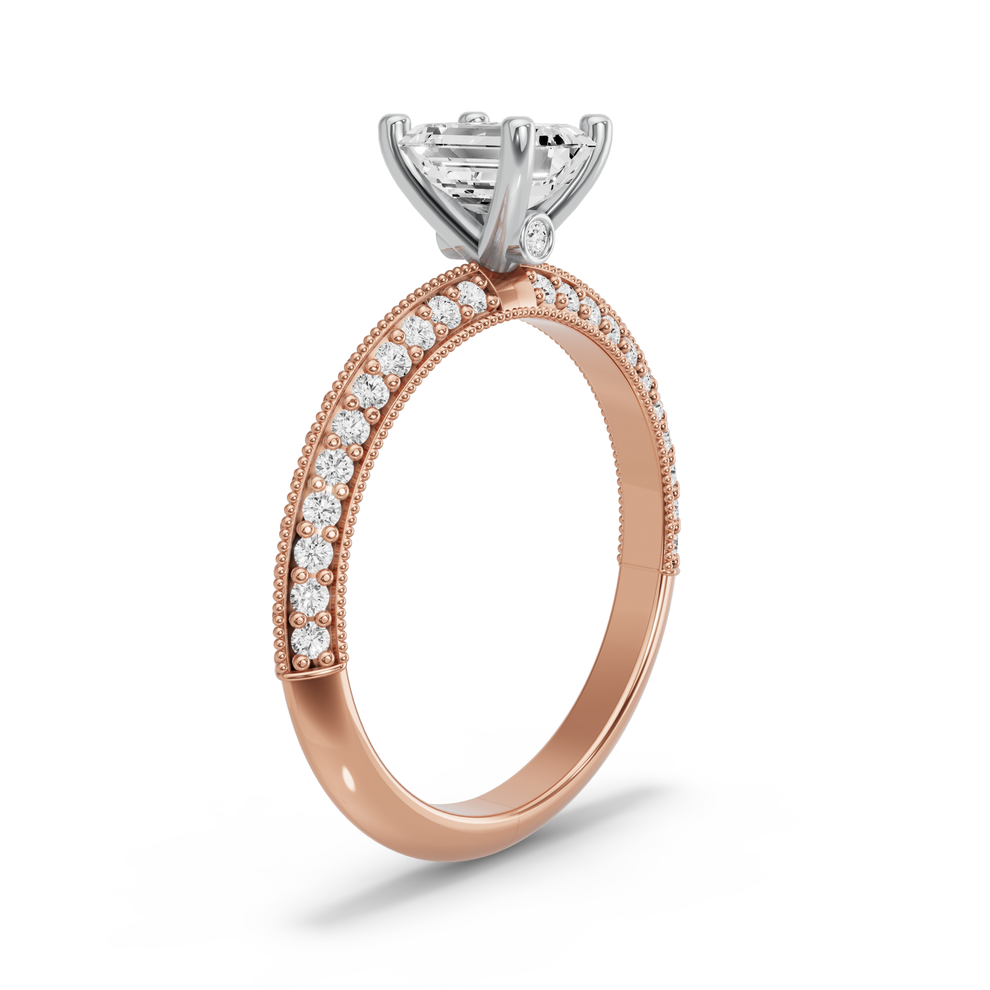 Image for Emerald Surprise diamond Ring with Knife Edge Pave band in 18K Two Tone Rose Gold