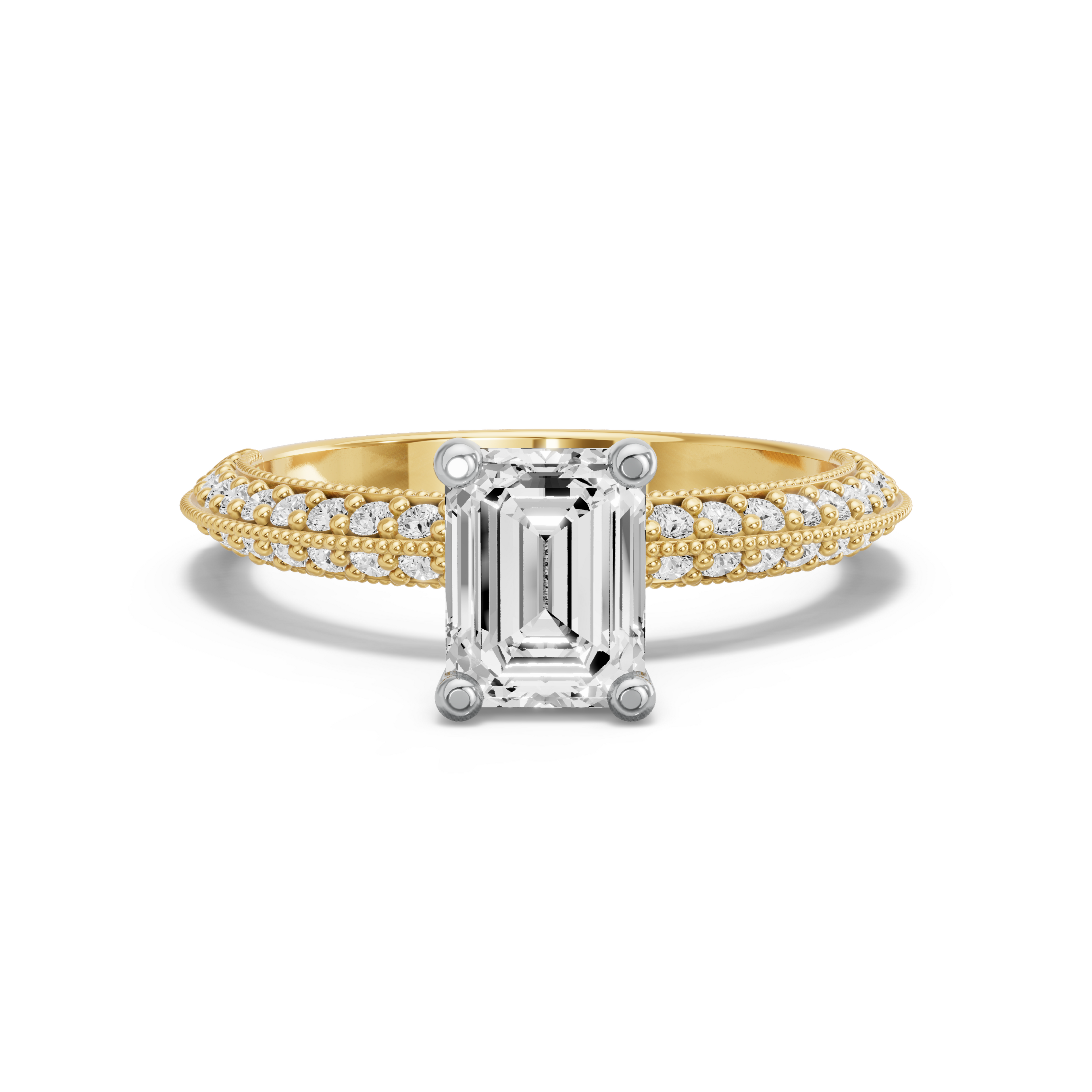 Image for Emerald Surprise diamond Ring with Knife Edge Pave band in 18K Two Tone Yellow Gold