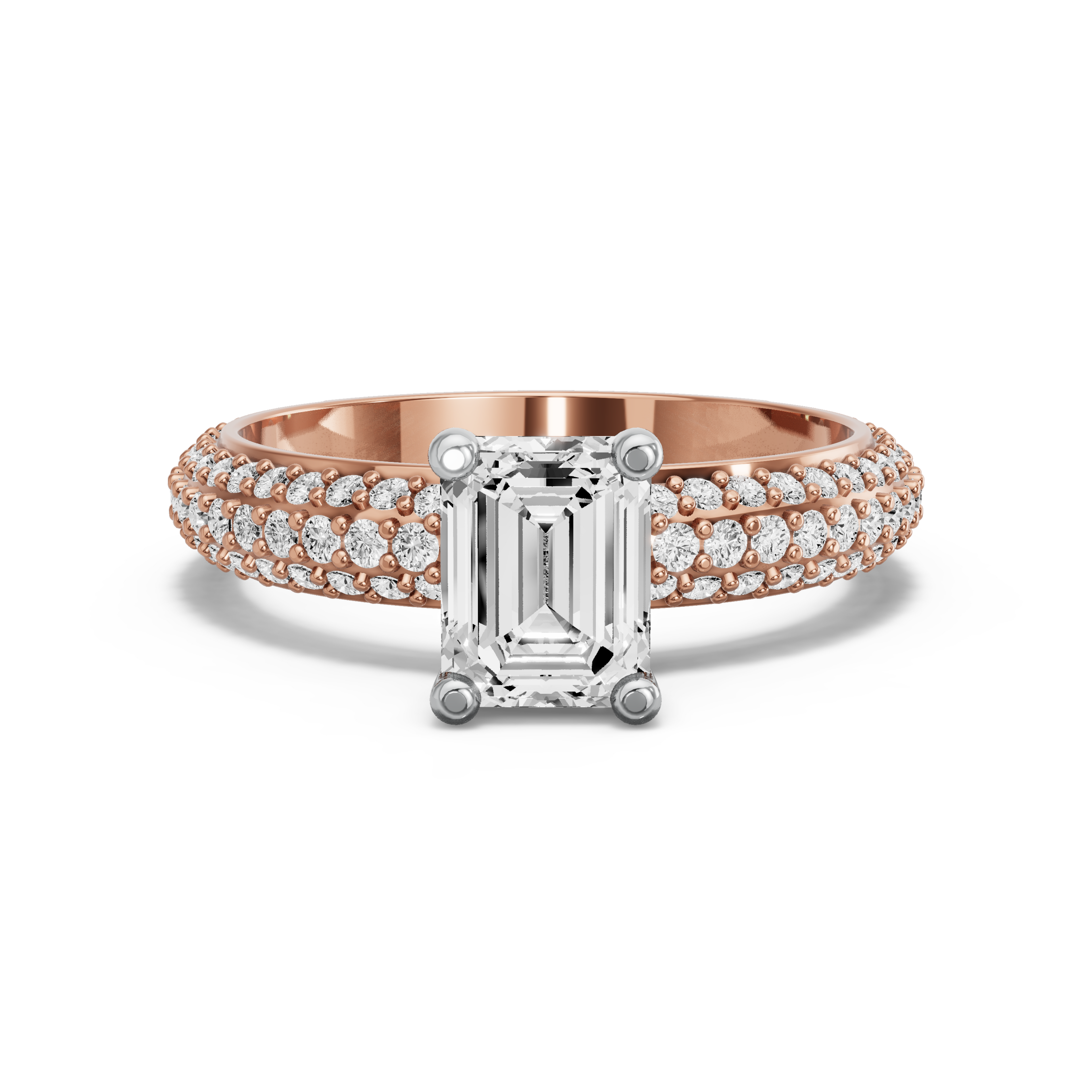 Image for Emerald Surprise diamond Ring with Triple Row Pave band in 10K Two Tone Rose Gold