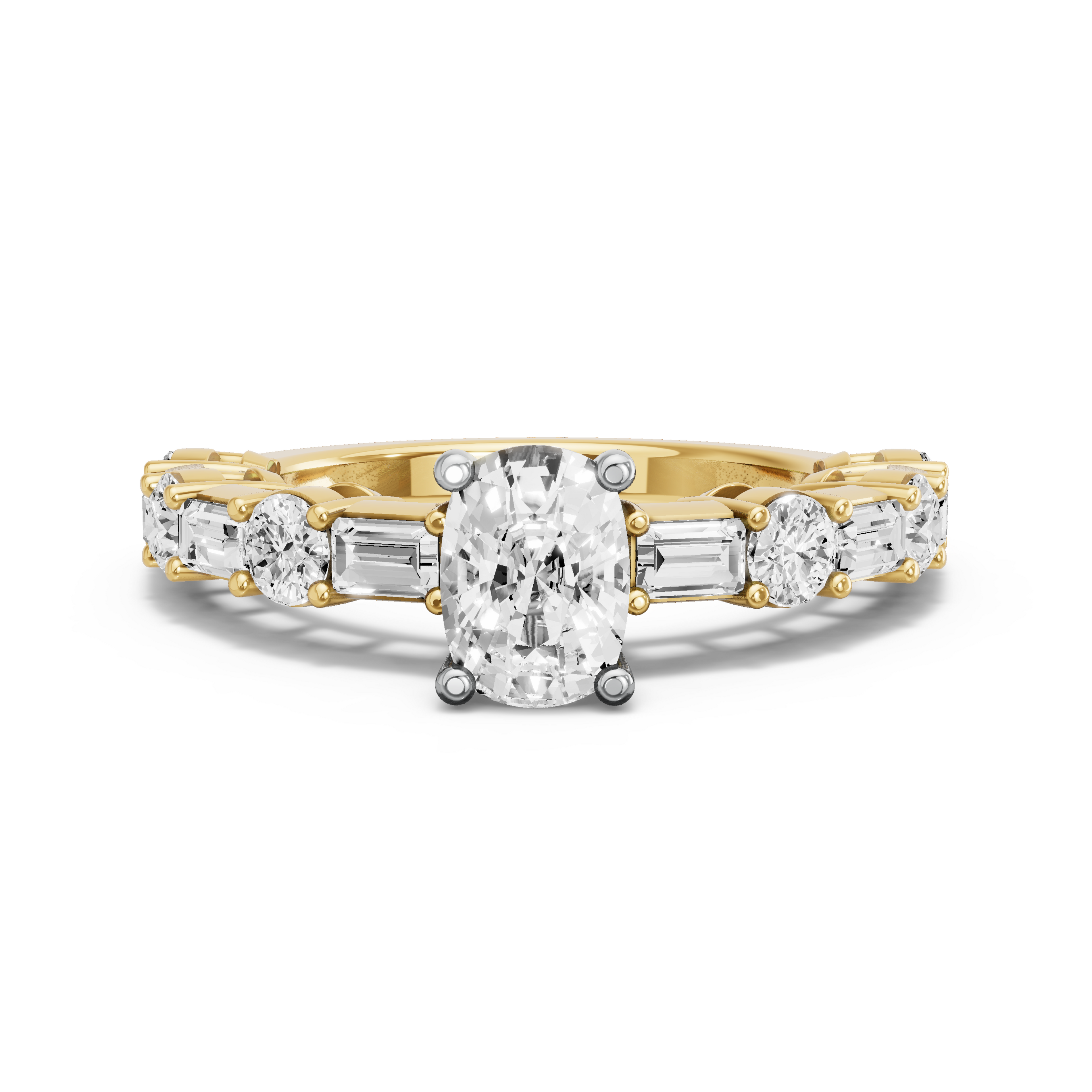 Image for Cushion Surprise diamond Ring with Alternating Baguette band in 14K Two Tone Yellow Gold