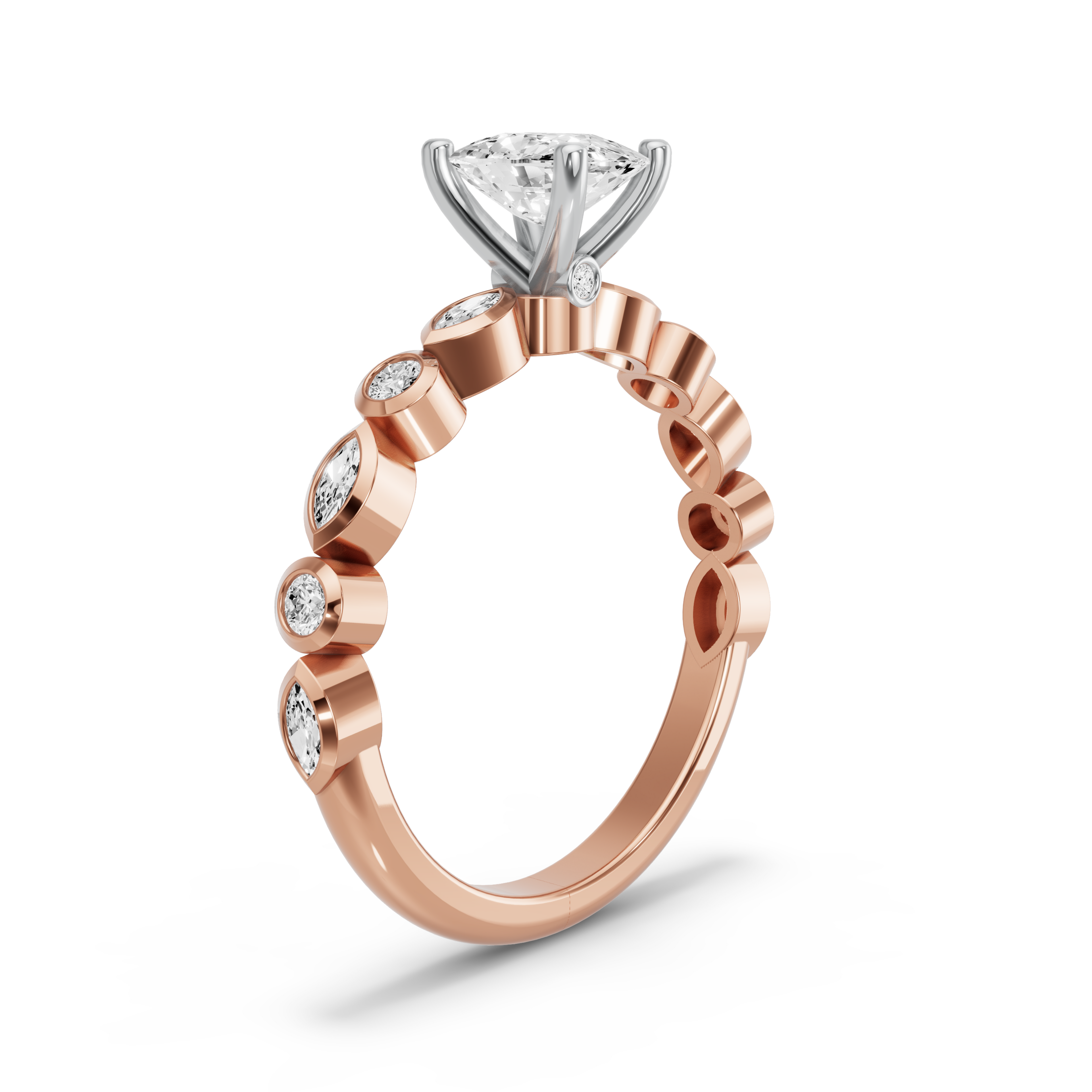 Image for Cushion Surprise diamond Ring with Alternating Marquise band in 14K Two Tone Rose Gold