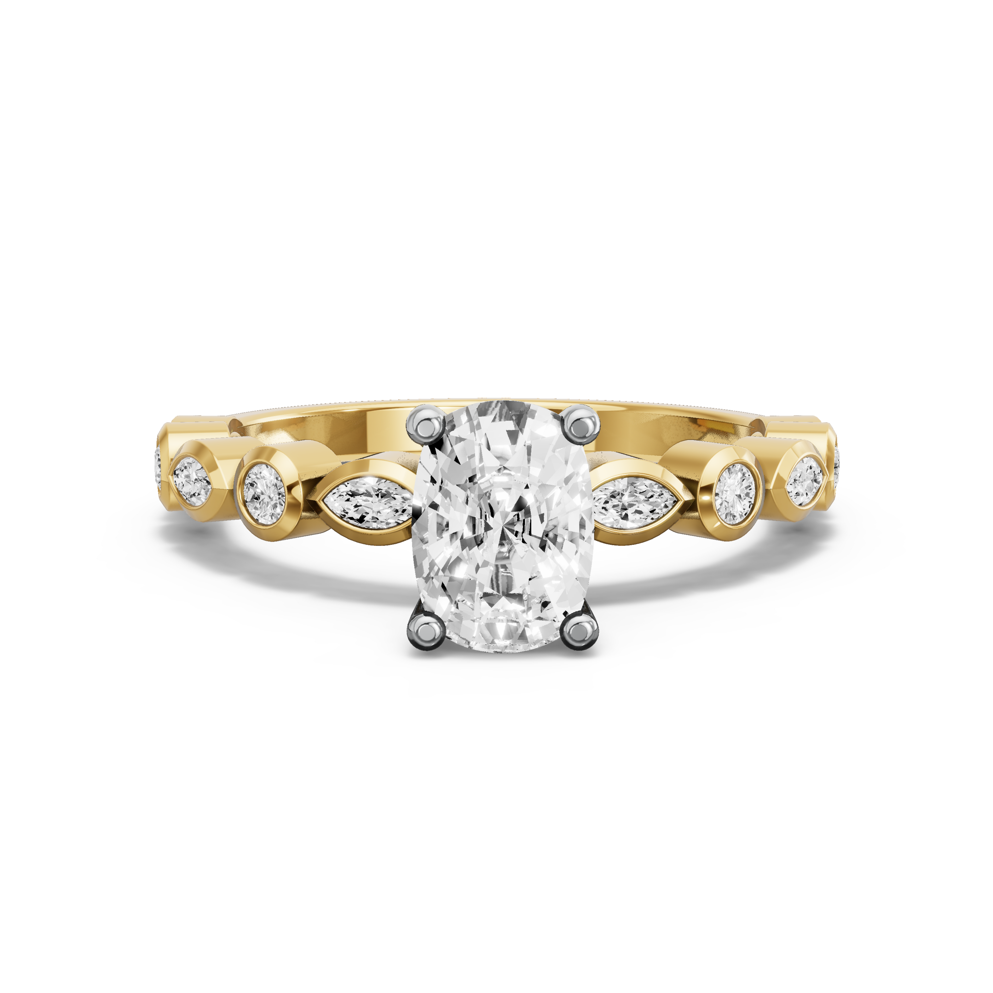 Image for Cushion Surprise diamond Ring with Alternating Marquise band in 10K Two Tone Yellow Gold