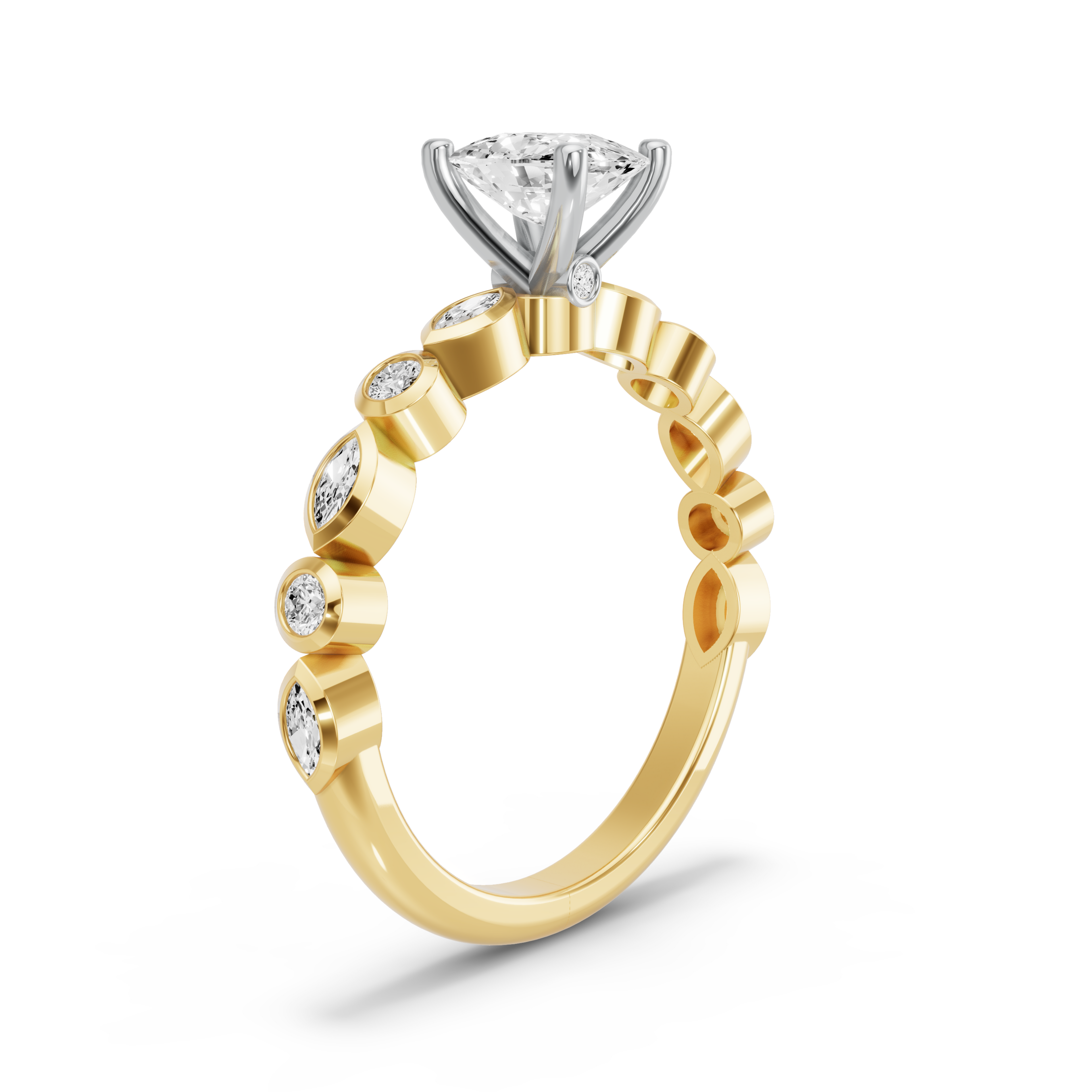 Image for Cushion Surprise diamond Ring with Alternating Marquise band in 14K Two Tone Yellow Gold