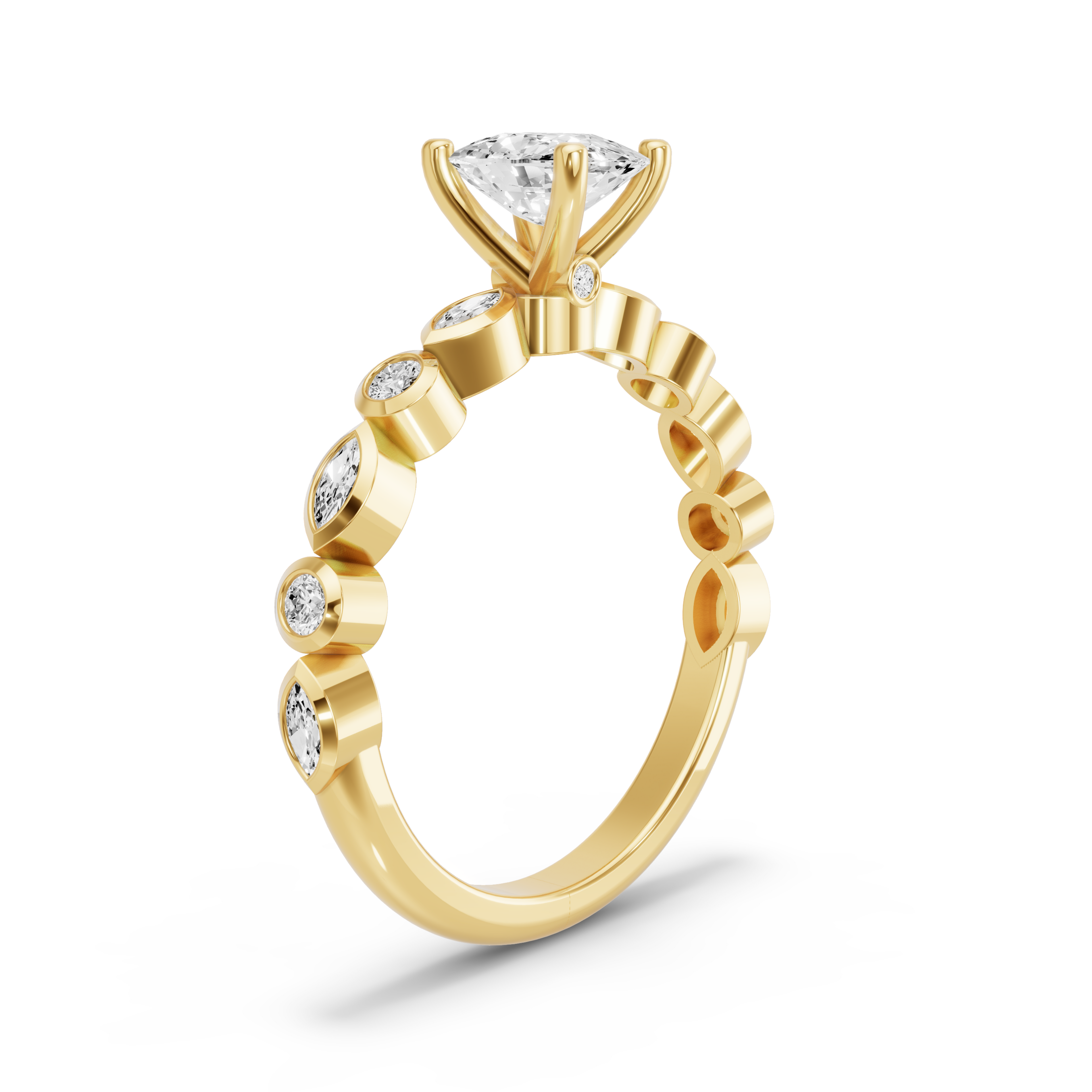 Image for Cushion Surprise diamond Ring with Alternating Marquise band in 14K Yellow Gold