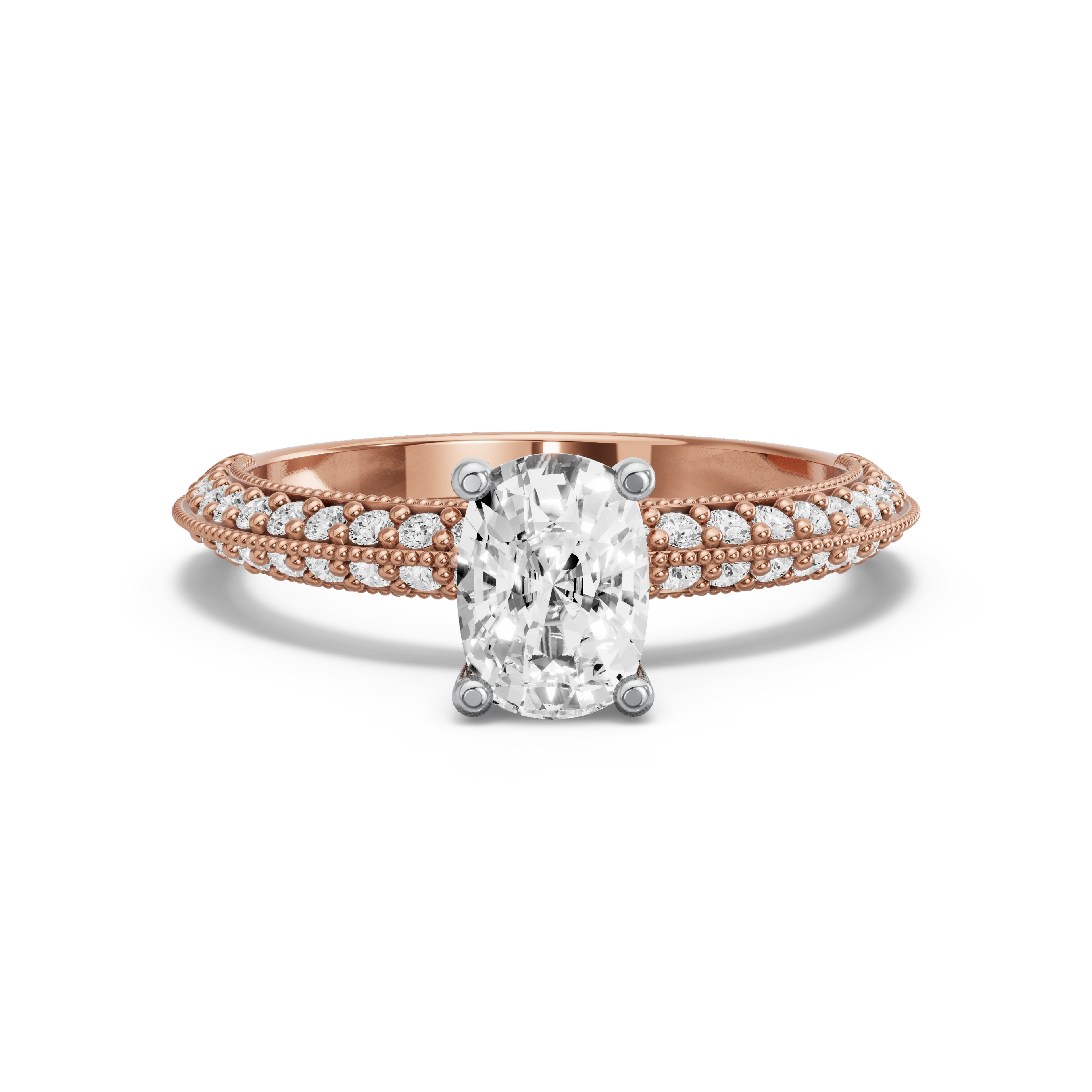 Image for Cushion Surprise diamond Ring with Knife Edge Pave band in 10K Two Tone Rose Gold
