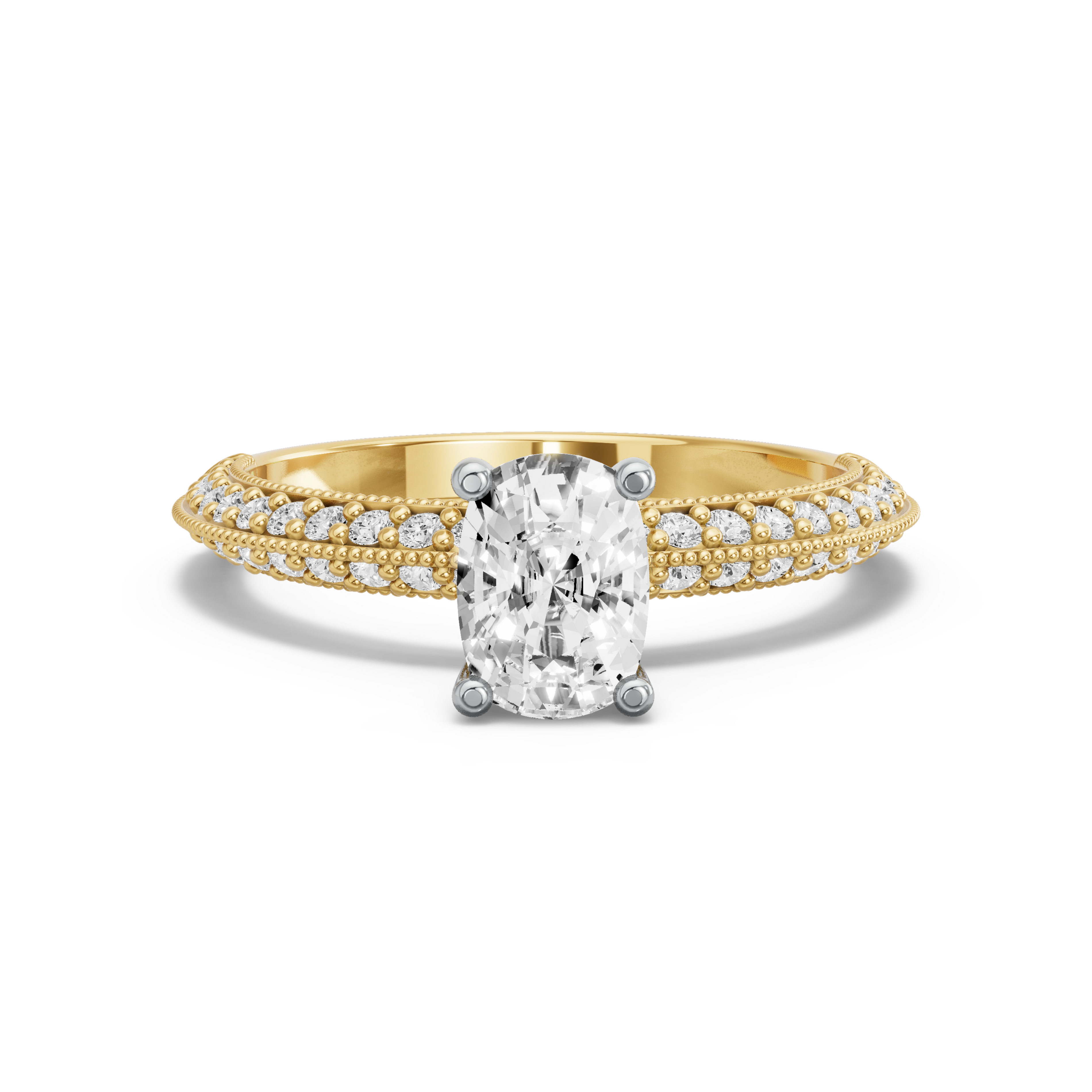 Image for Cushion Surprise diamond Ring with Knife Edge Pave band in 18K Two Tone Yellow Gold