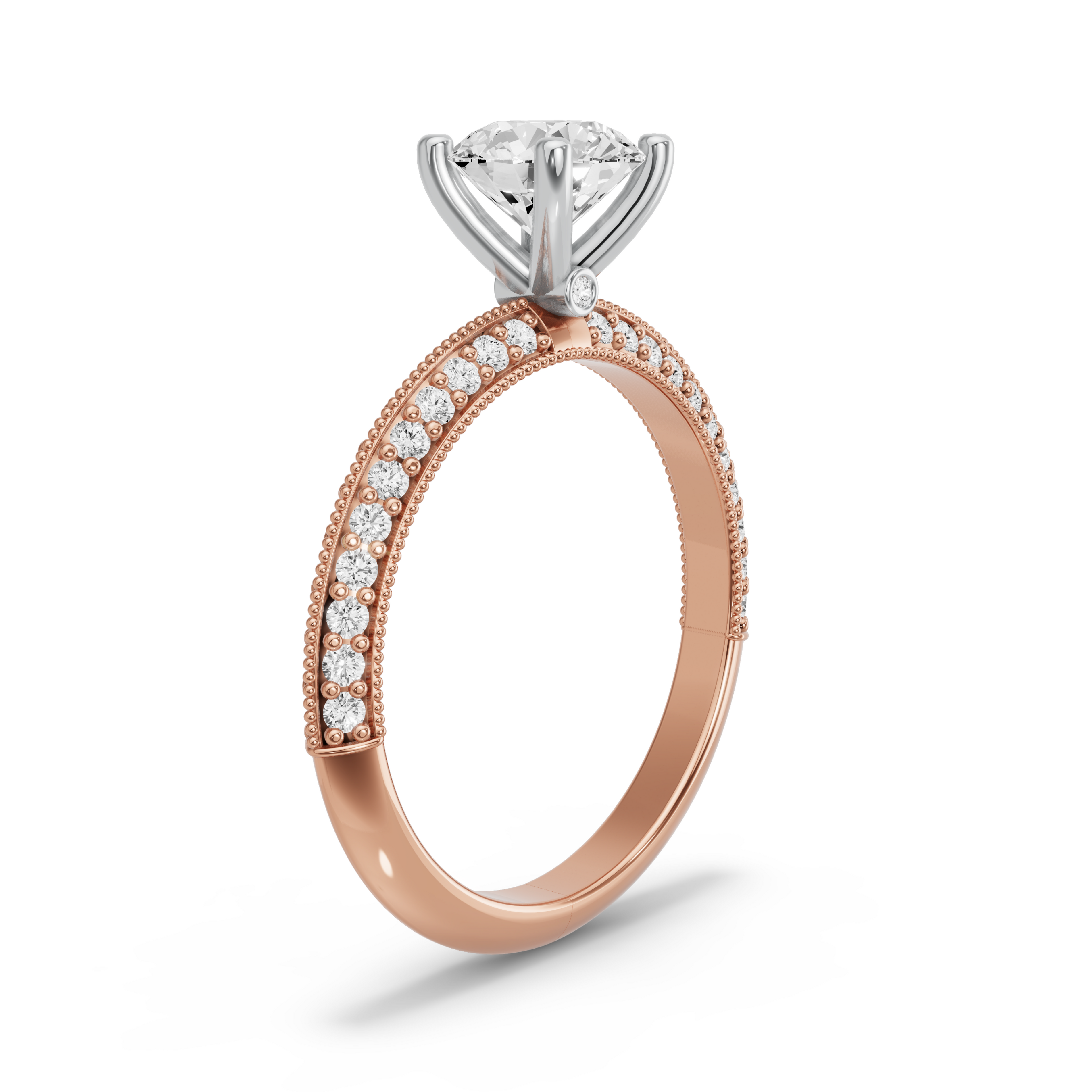 Image for Round Surprise diamond Ring with Knife Edge Pave band in 14K Two Tone Rose Gold