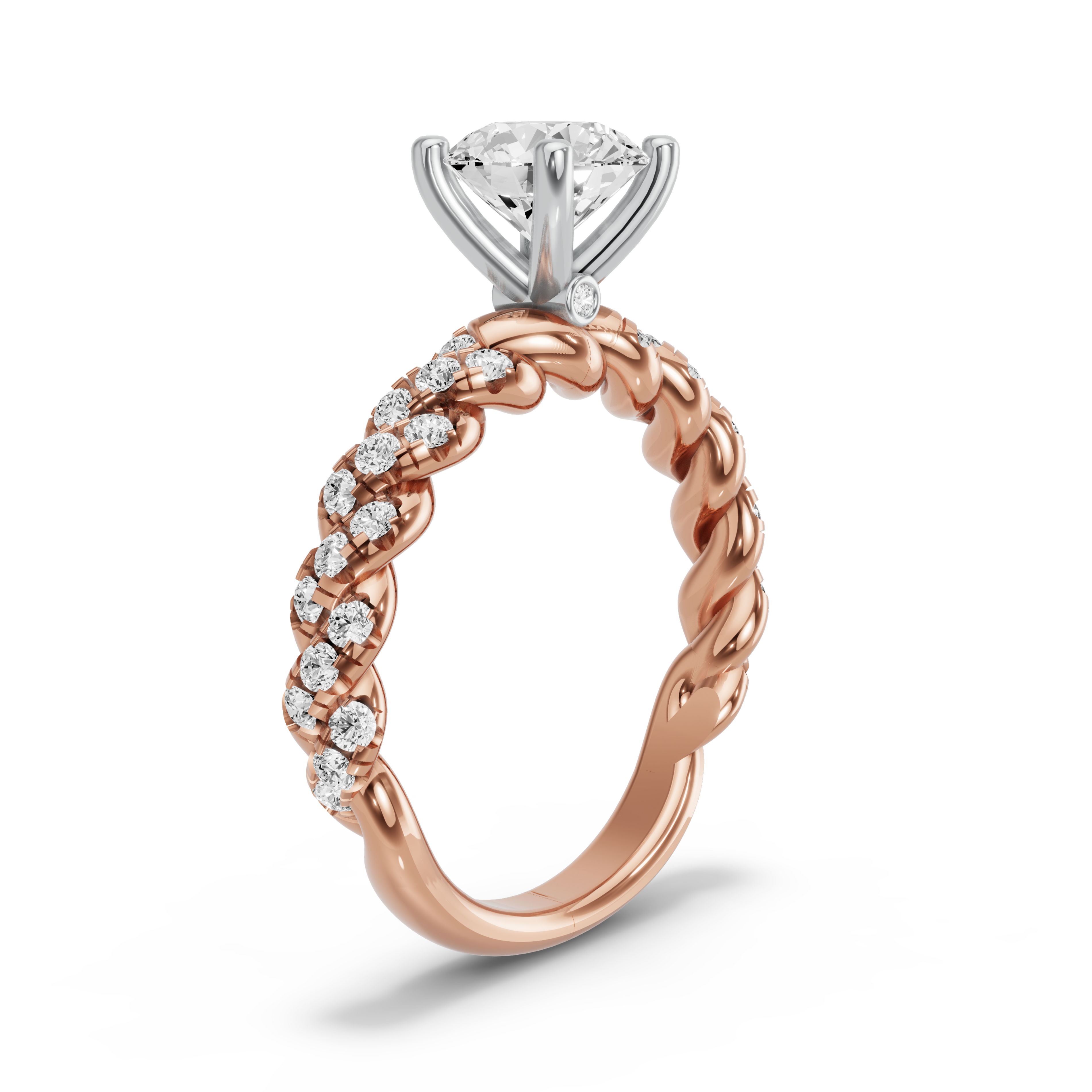 Image for Round Surprise diamond Ring with Twist Pave band in 18K Two Tone Rose Gold