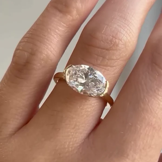 Custom Order- Tim Dishman |  Second Half Payment | 2CT East West Oval Engagement Ring With Half Bezel Ring | 14K Yellow Gold | Ring Size 5.50