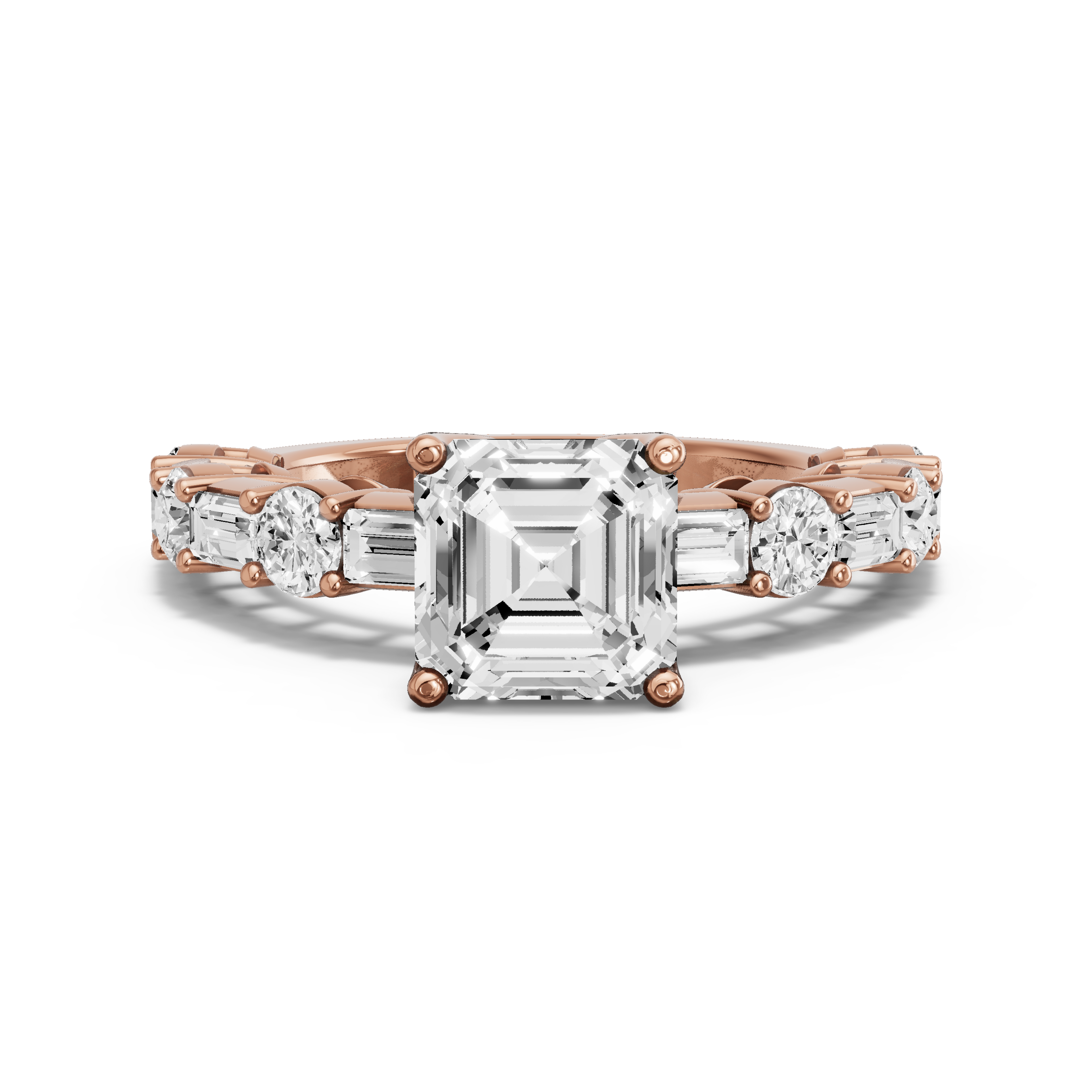 Image for Asscher Tulip Basket Ring with Alternating Baguette band in 18K Yellow Gold