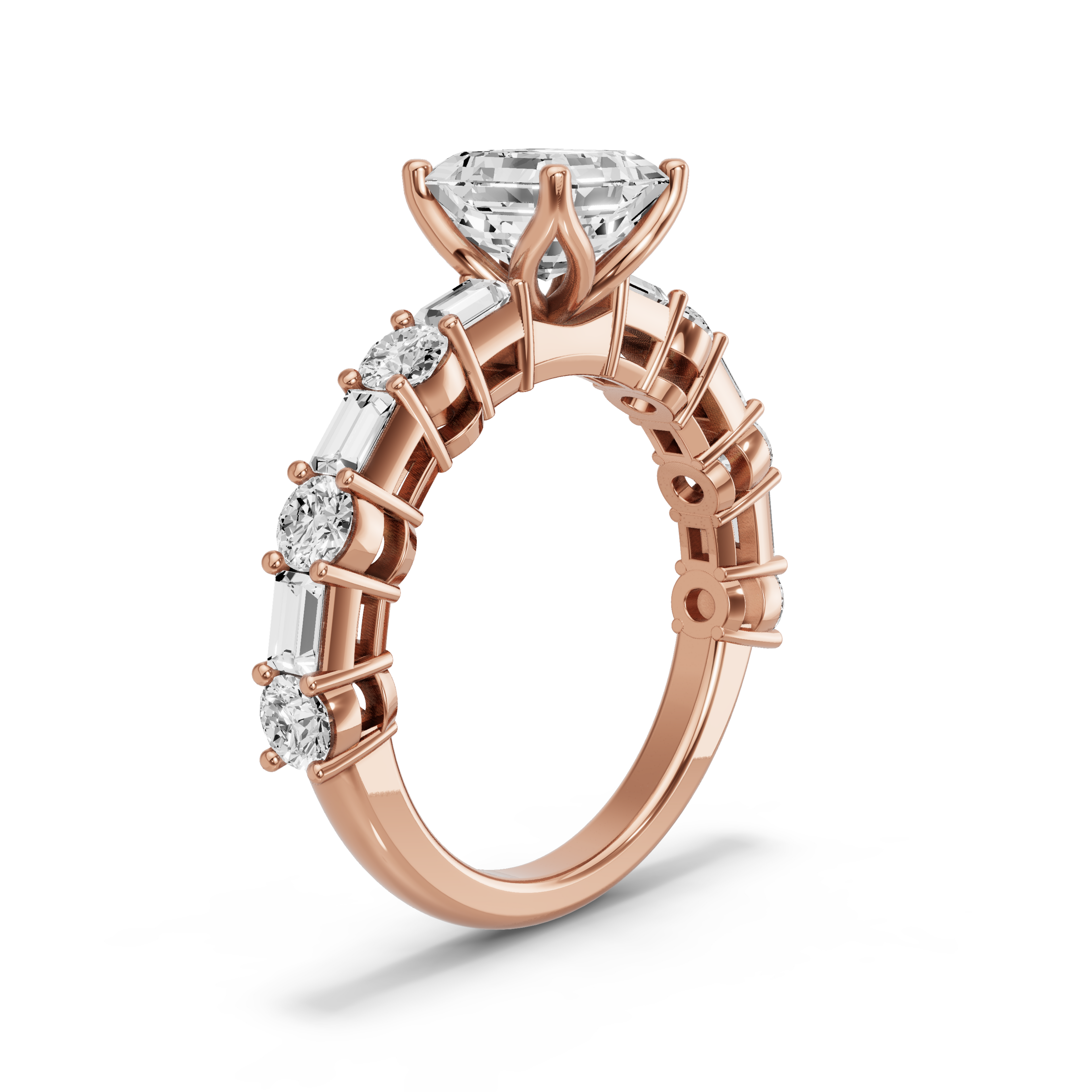 Image for Asscher Tulip Basket Ring with Alternating Baguette band in 10K Yellow Gold