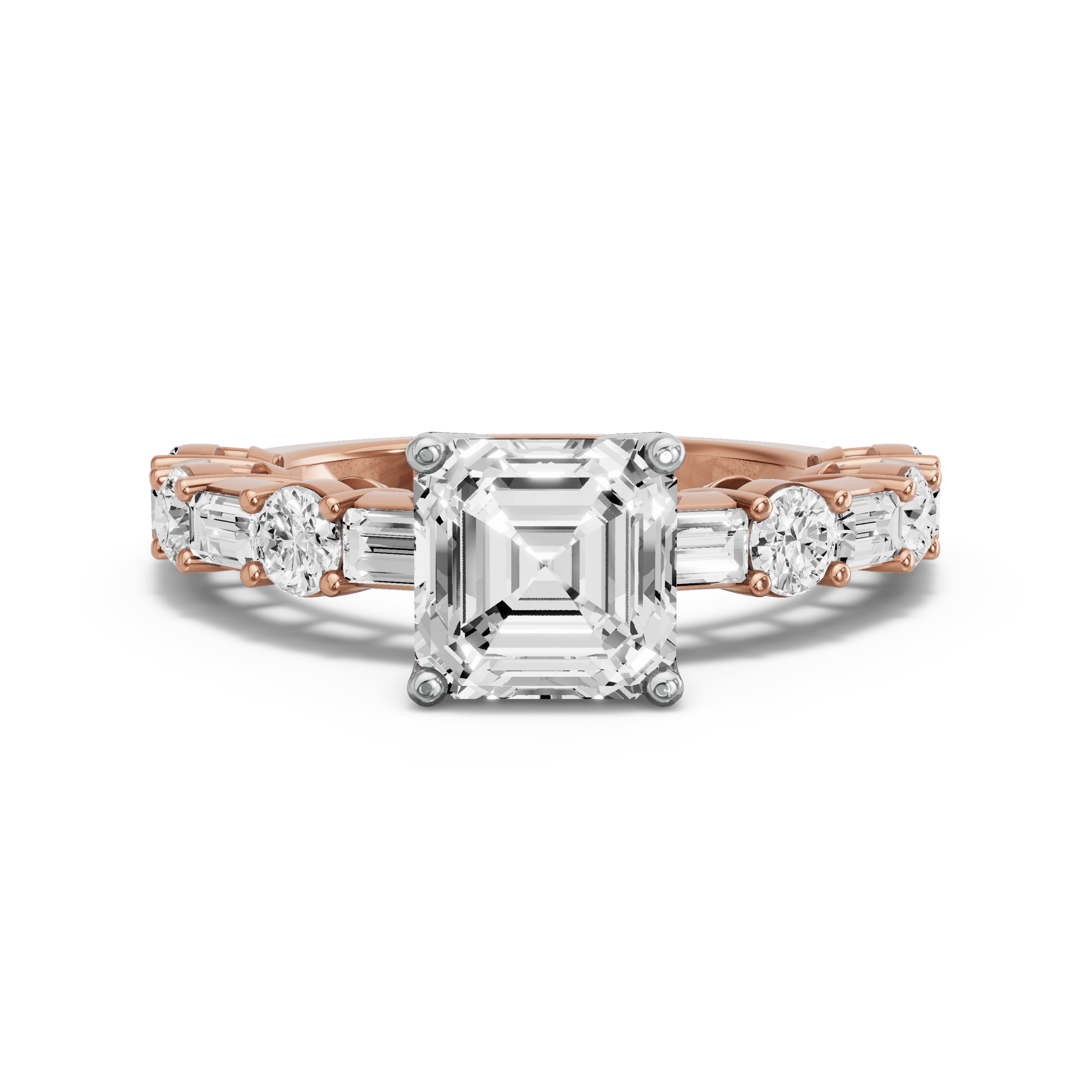 Image for Asscher Tulip Basket Ring with Alternating Baguette band in 18K Two Tone Yellow Gold