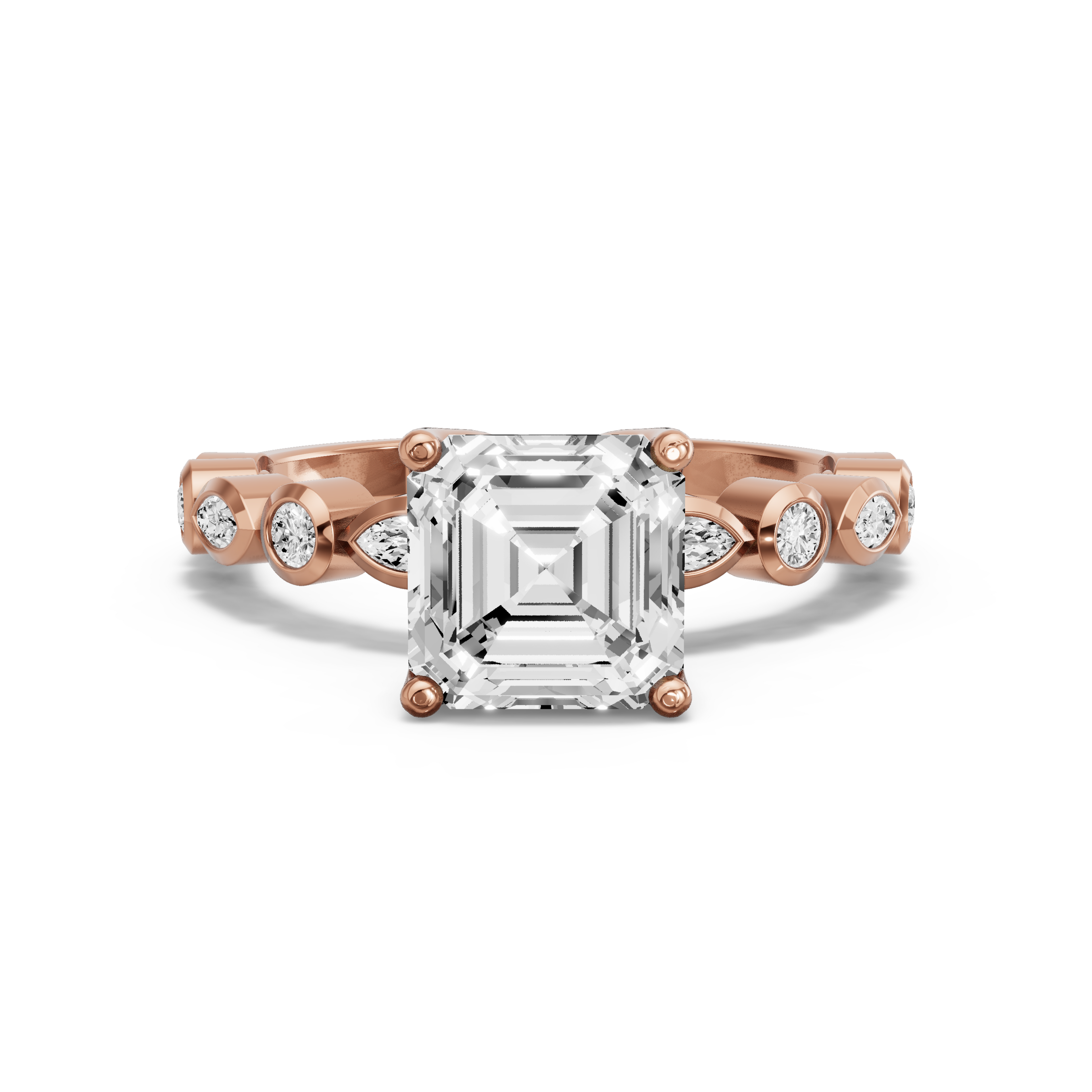 Image for Asscher Tulip Basket Ring with Alternating Marquise band in 14K Yellow Gold