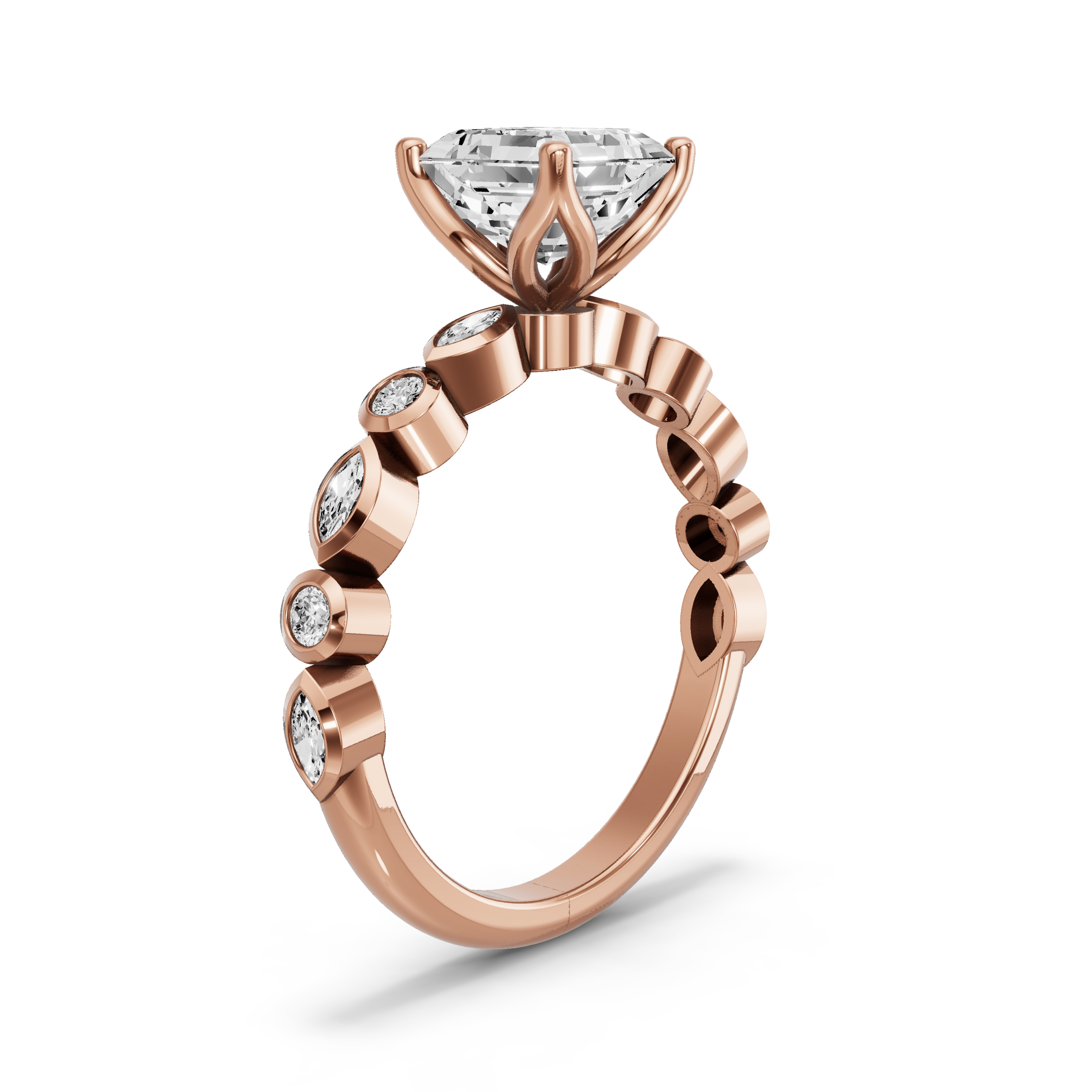 Image for Asscher Tulip Basket Ring with Alternating Marquise band in 18K Yellow Gold