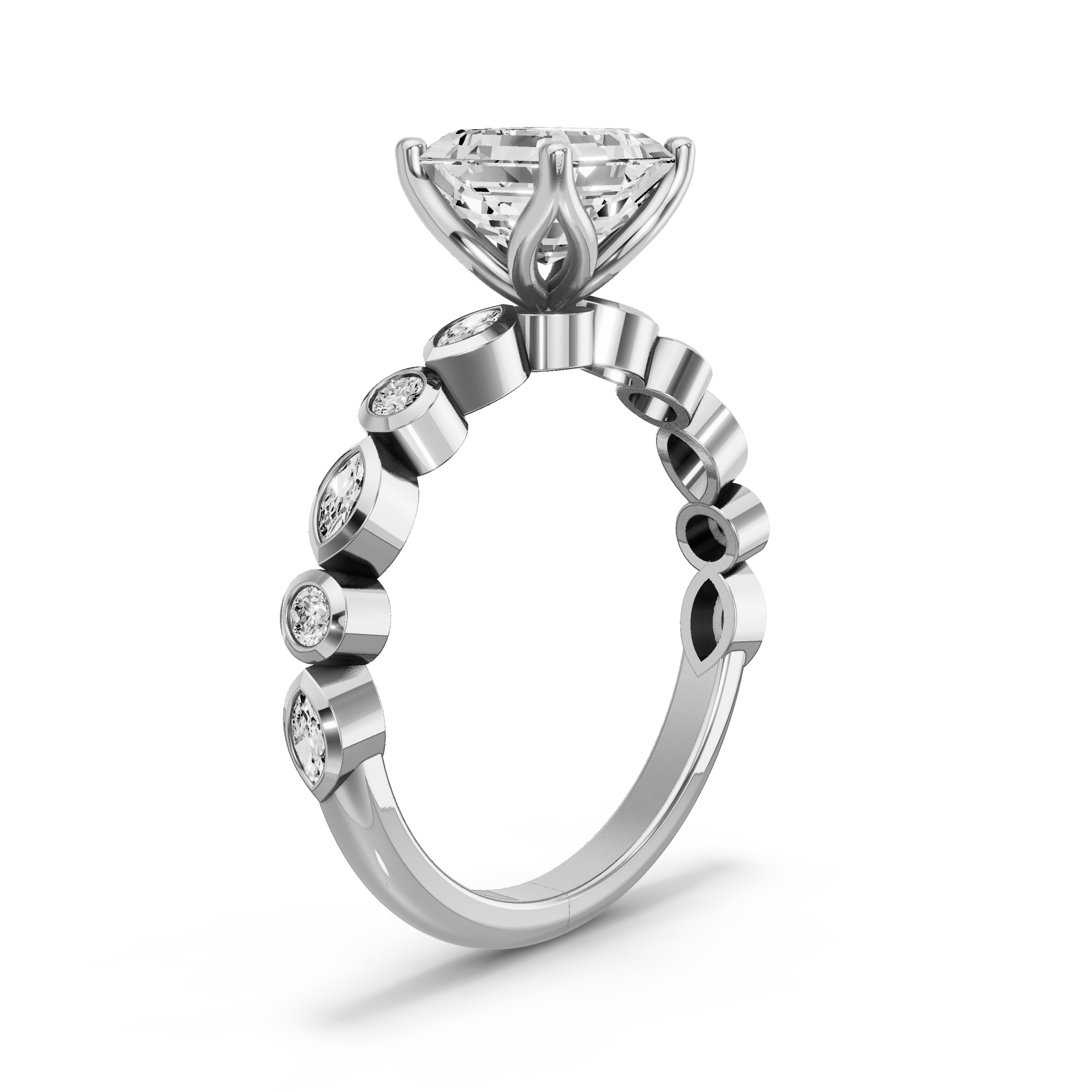 Image for Asscher Tulip Basket Ring with Alternating Marquise band in 18K Two Tone Rose Gold