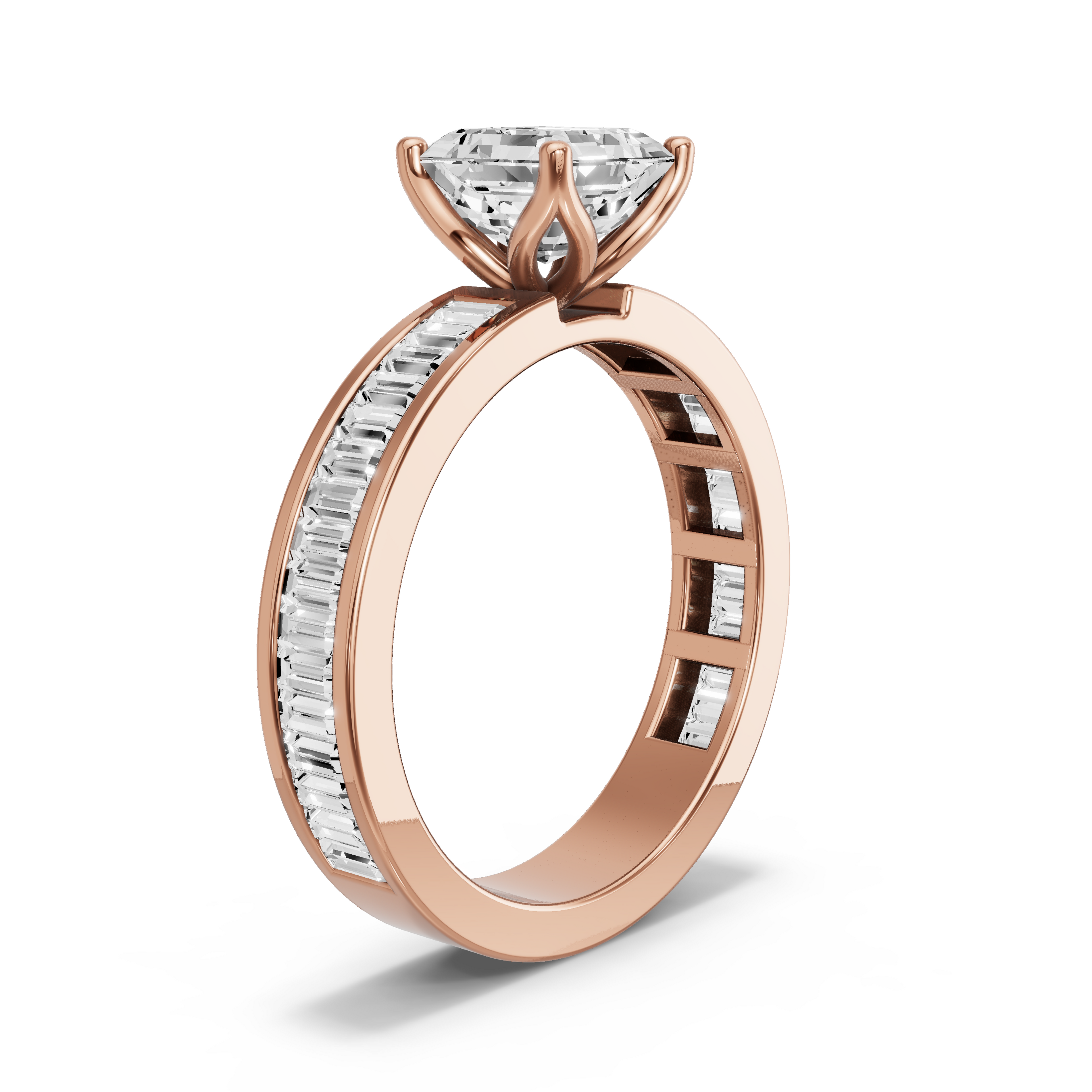 Image for Asscher Tulip Basket Ring with Baguette Channel band in 10K Yellow Gold