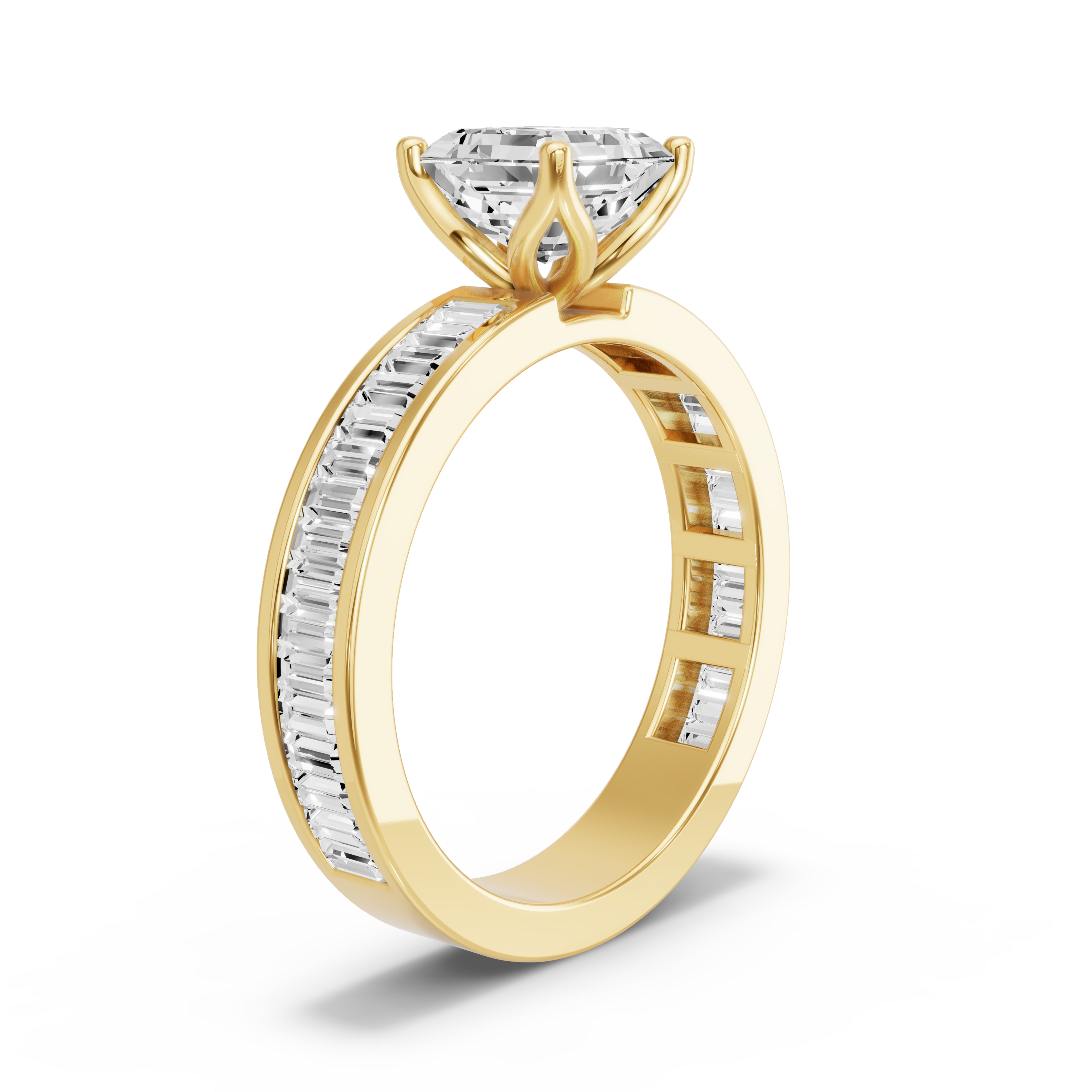 Image for Asscher Tulip Basket Ring with Baguette Channel band in 10K White Gold
