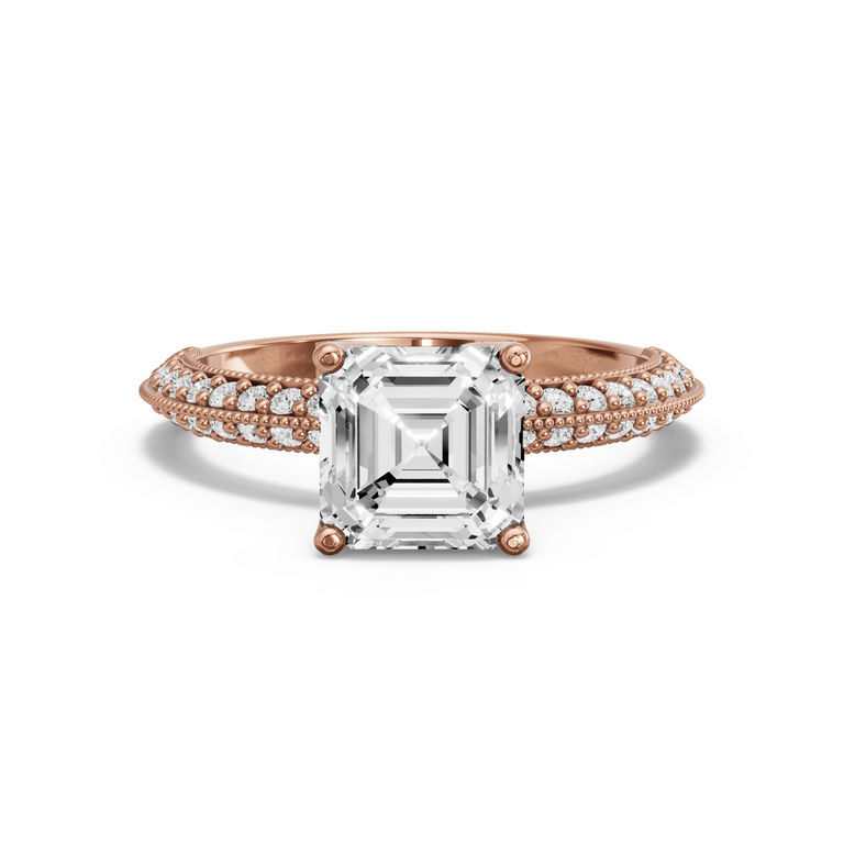 Image for Asscher Tulip Basket Ring with Knife Edge Pave band in 18K Yellow Gold