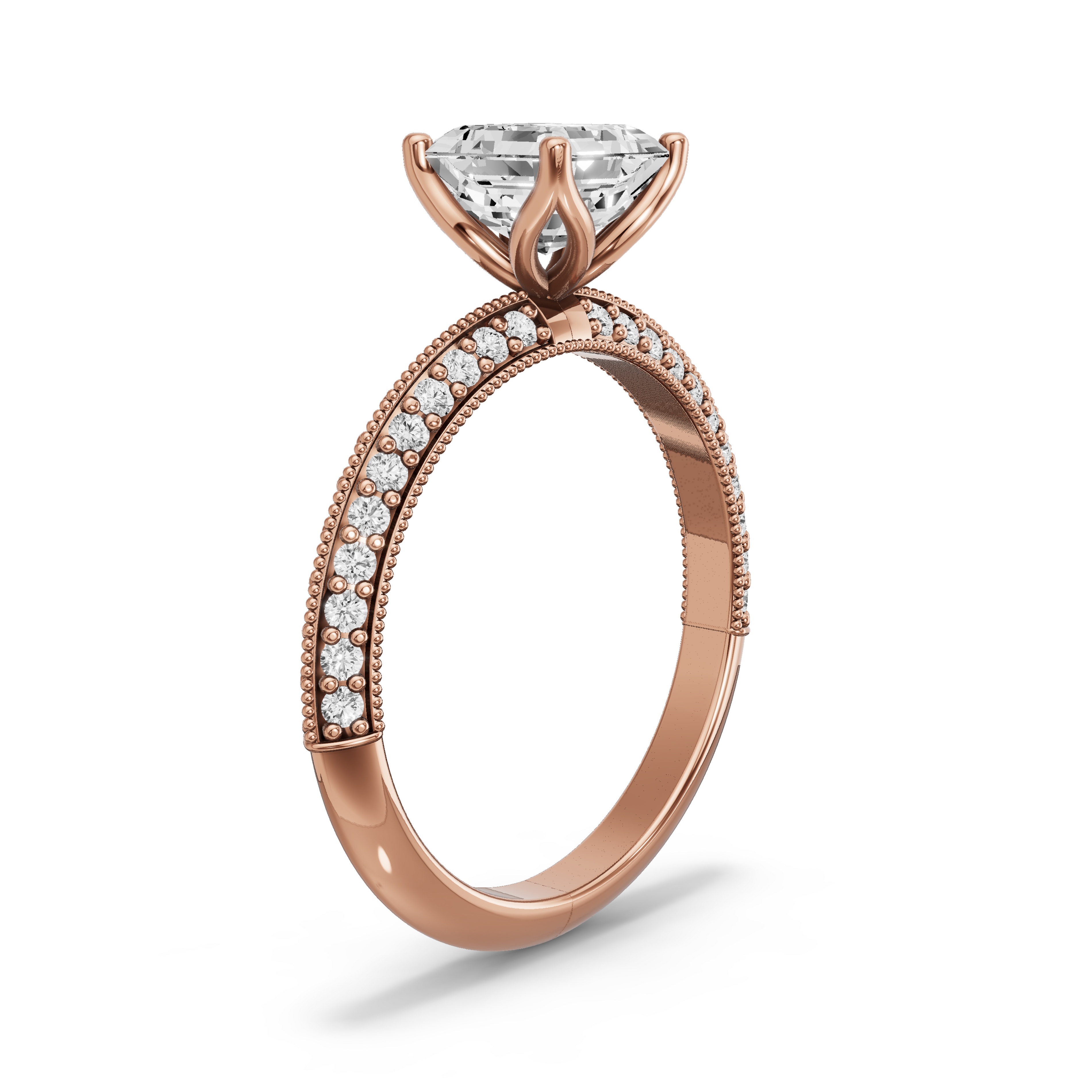Image for Asscher Tulip Basket Ring with Knife Edge Pave band in 14K Yellow Gold