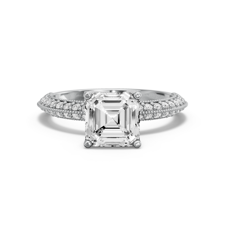 Image for Asscher Tulip Basket Ring with Knife Edge Pave band in 14K Two Tone Rose Gold