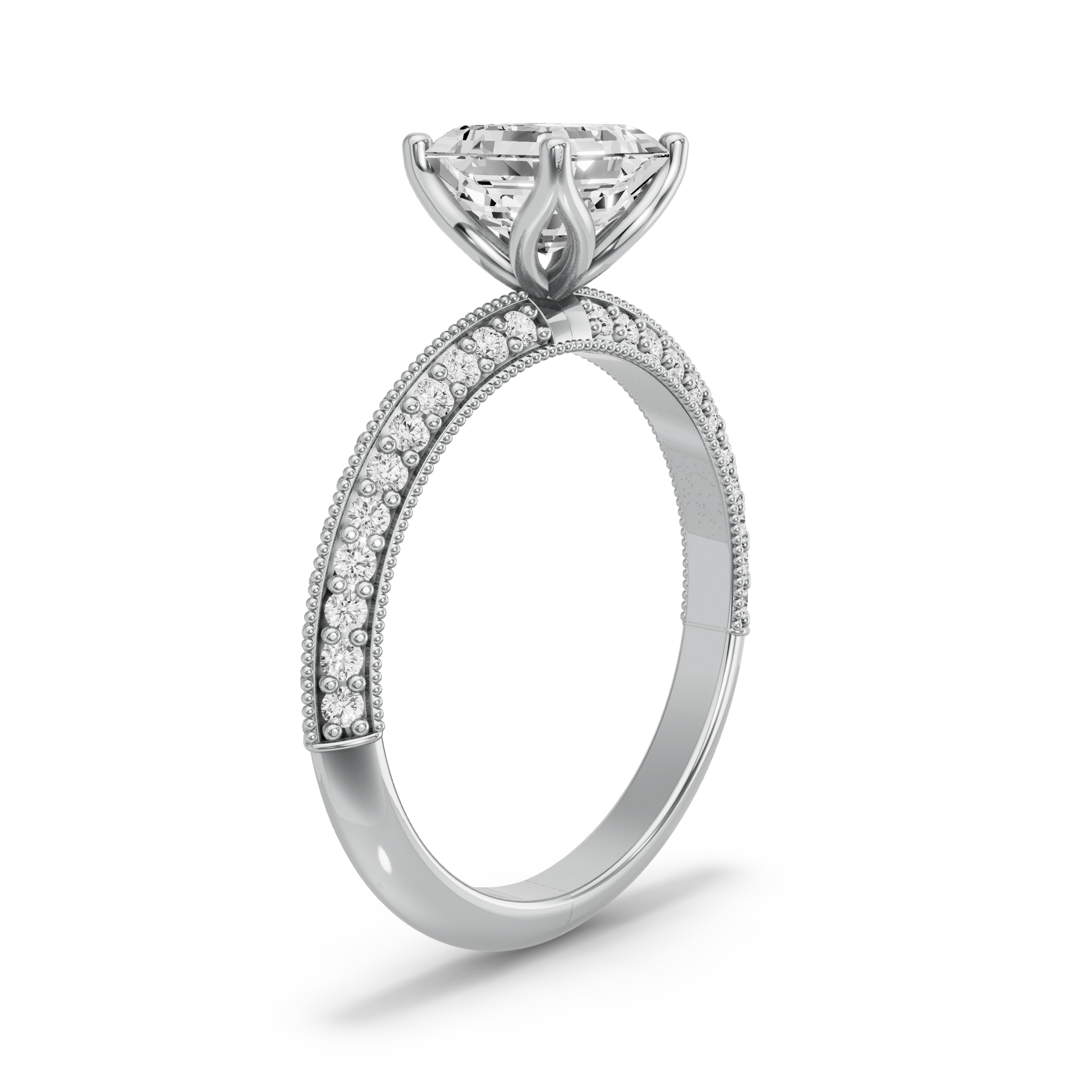 Image for Asscher Tulip Basket Ring with Knife Edge Pave band in 14K Two Tone Rose Gold