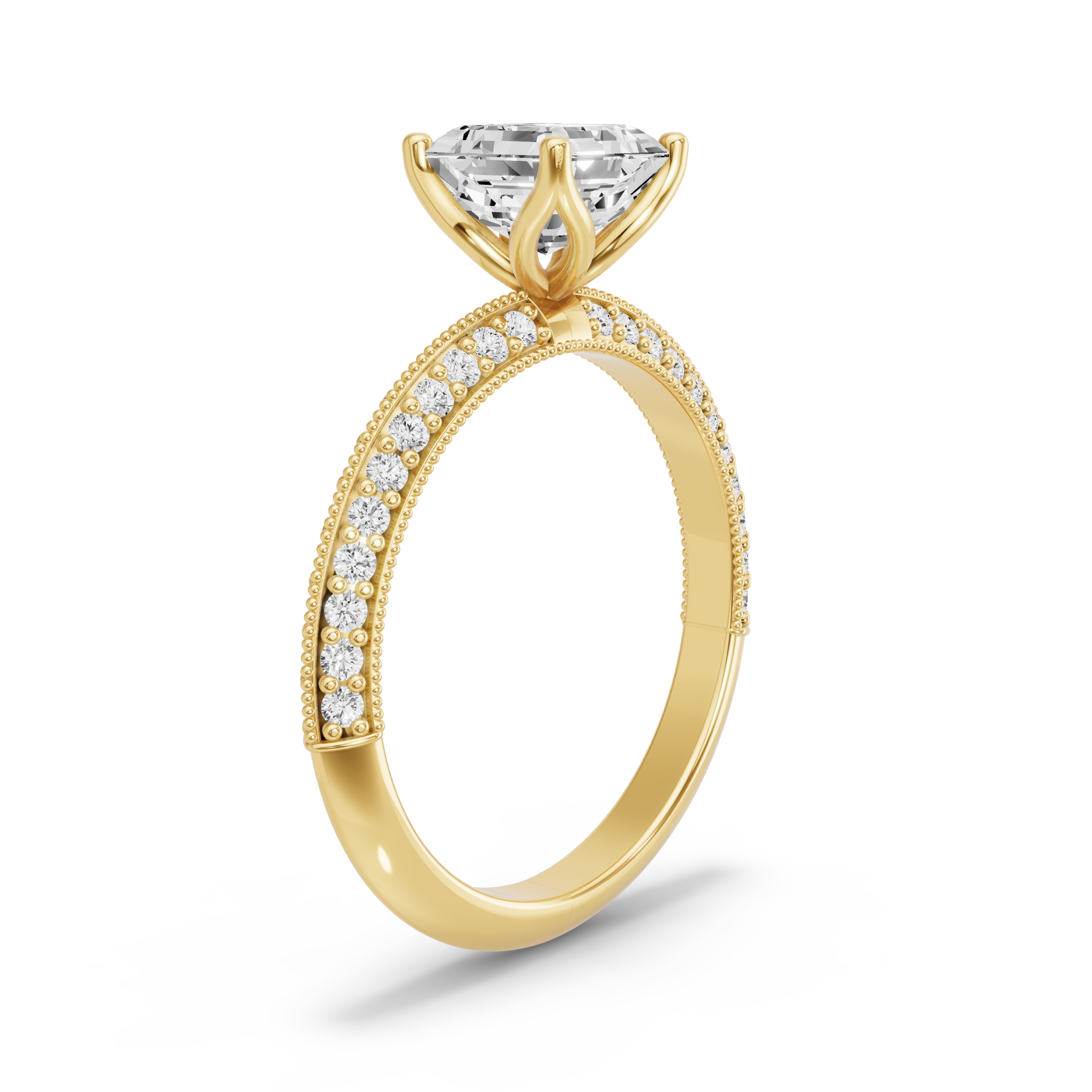 Image for Asscher Tulip Basket Ring with Knife Edge Pave band in 14K White Gold