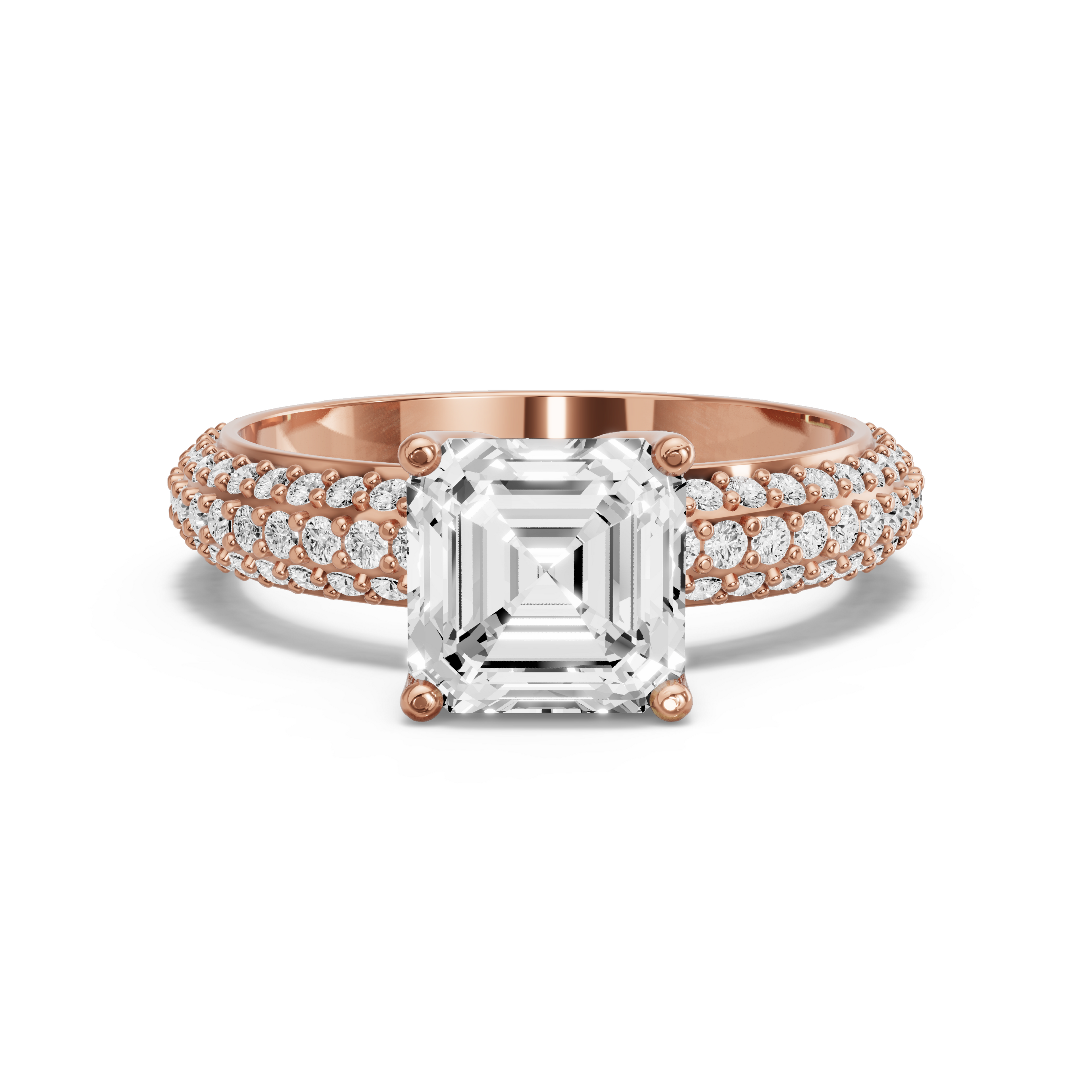 Image for Asscher Tulip Basket Ring with Triple Row Pave band in 18K Yellow Gold