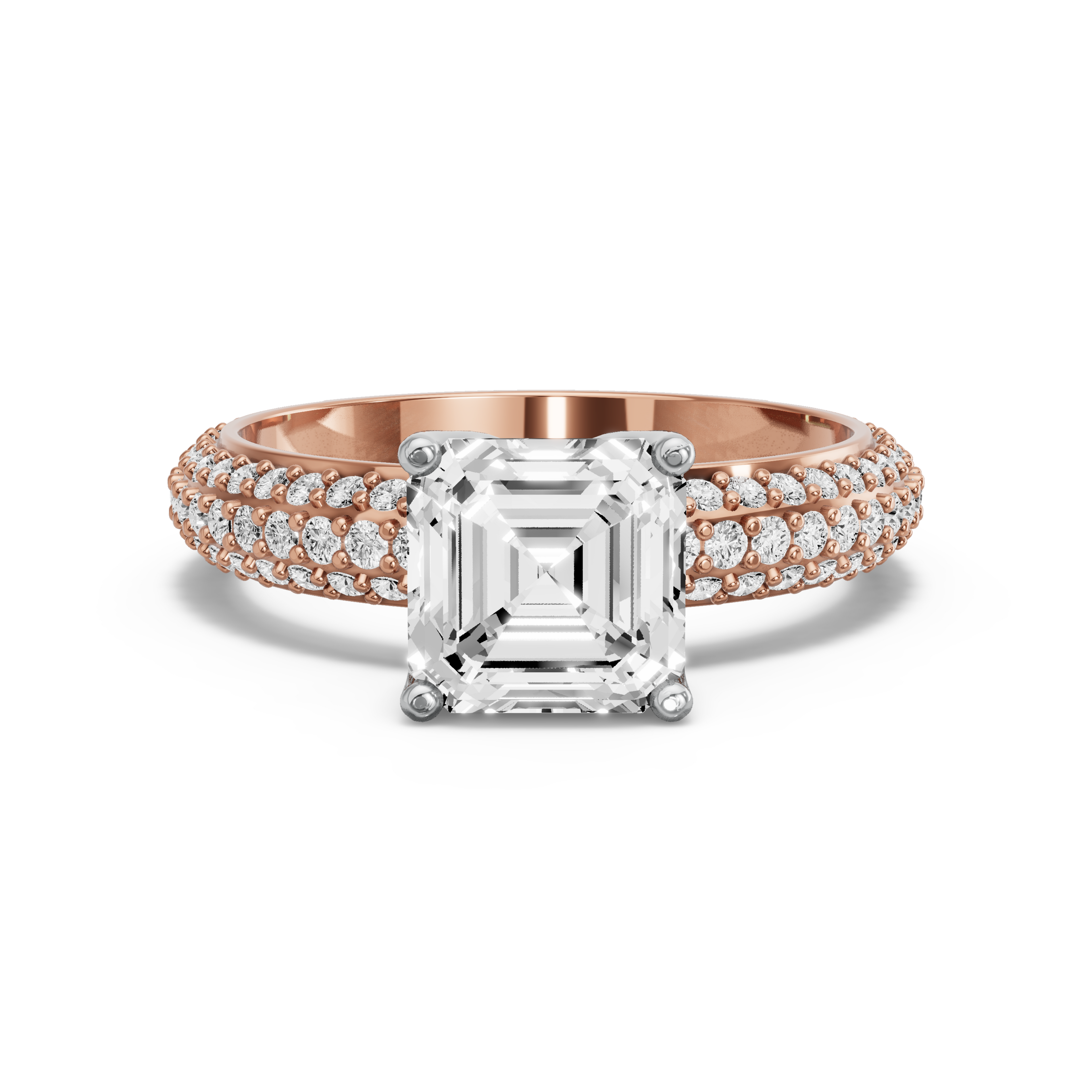 Image for Asscher Tulip Basket Ring with Triple Row Pave band in 18K Two Tone Yellow Gold