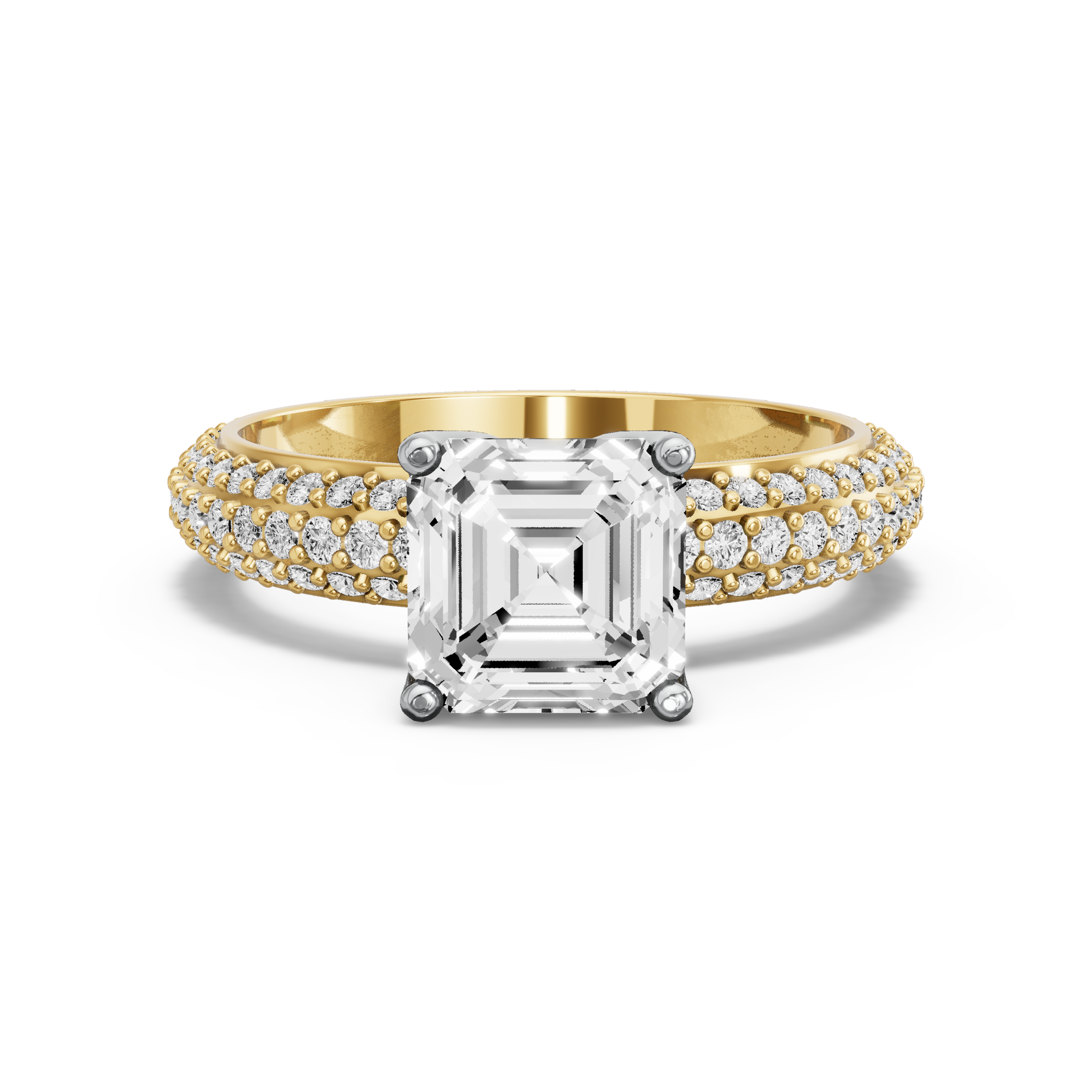 Image for Asscher Tulip Basket Ring with Triple Row Pave band in 10K Rose Gold