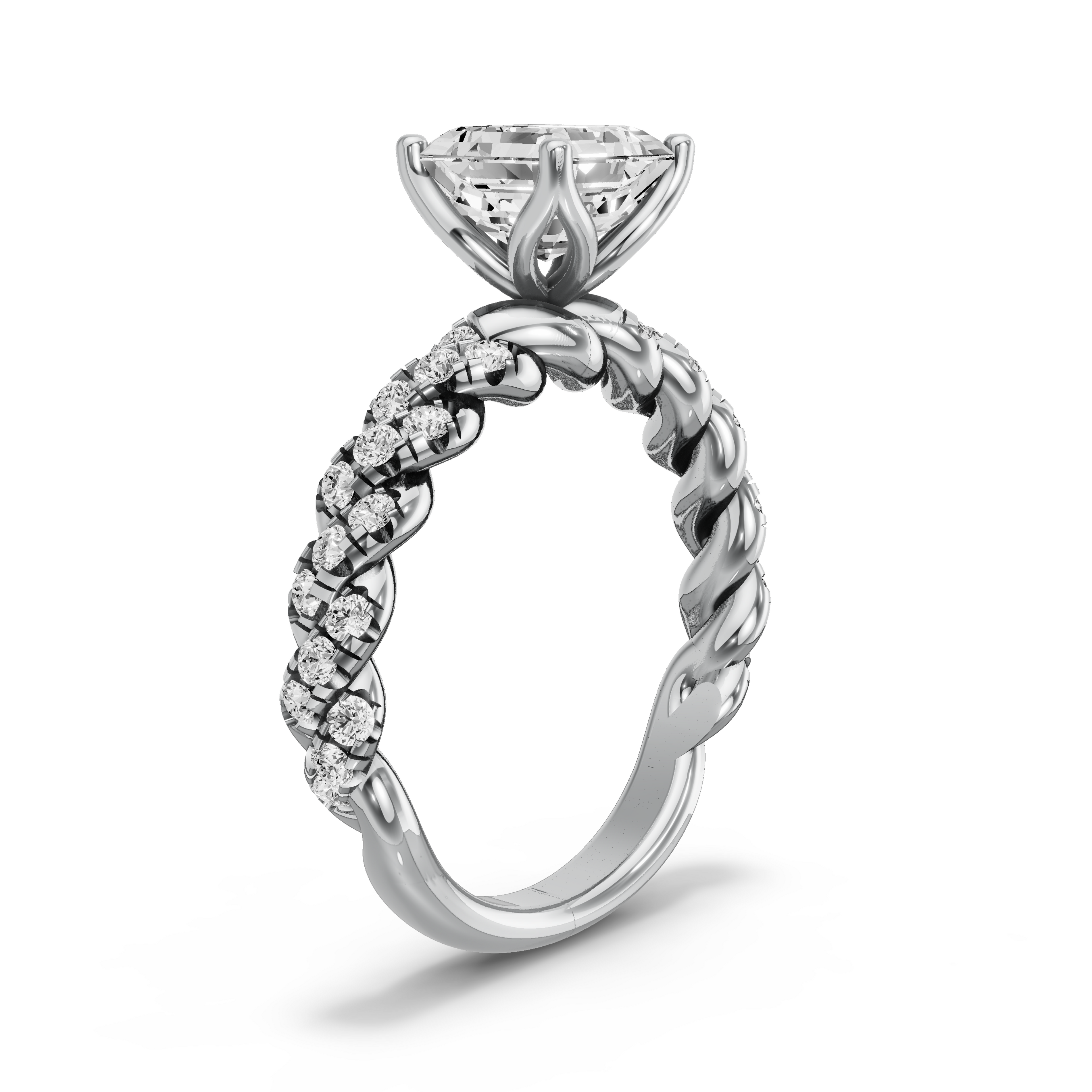 Image for Asscher Tulip Basket Ring with Twist Pave band in 18K Two Tone Rose Gold