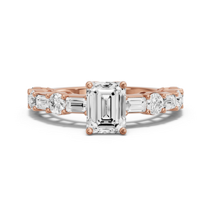 Image for Emerald Tulip Basket Ring with Alternating Baguette band in 18K Rose Gold