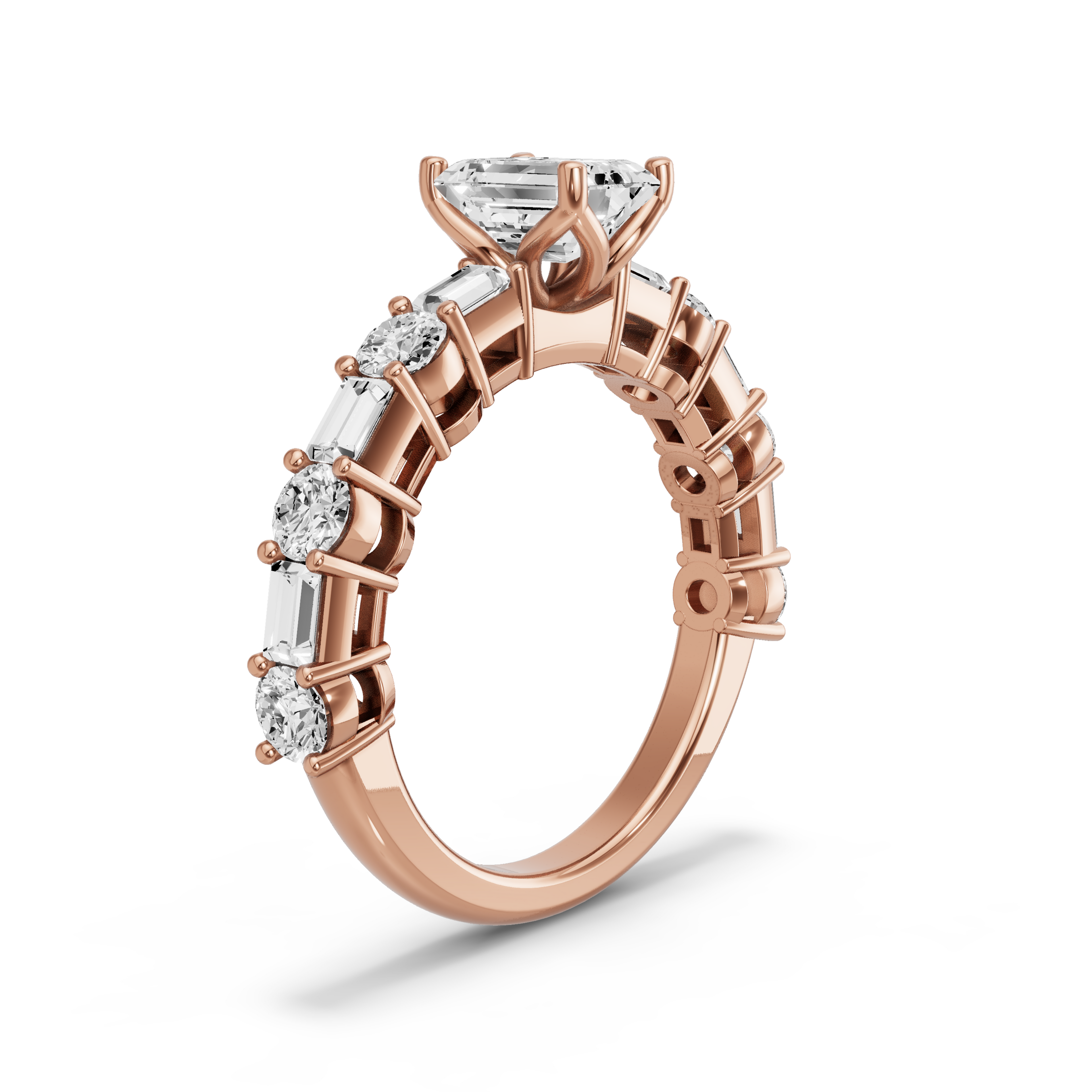Image for Emerald Tulip Basket Ring with Alternating Baguette band in 10K Rose Gold
