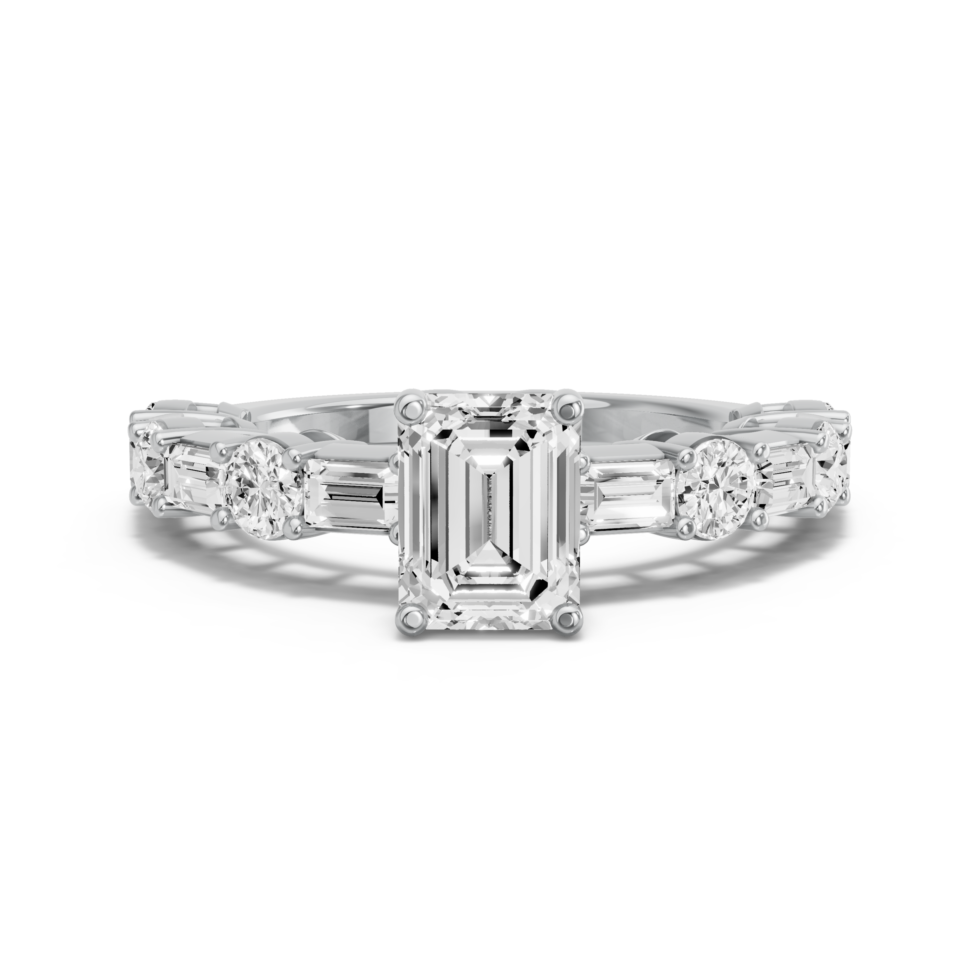 Image for Emerald Tulip Basket Ring with Alternating Baguette band in 10K White Gold