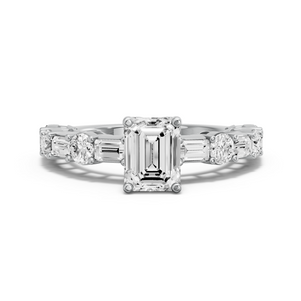 Image for Emerald Tulip Basket Ring with Alternating Baguette band in 950 Platinum