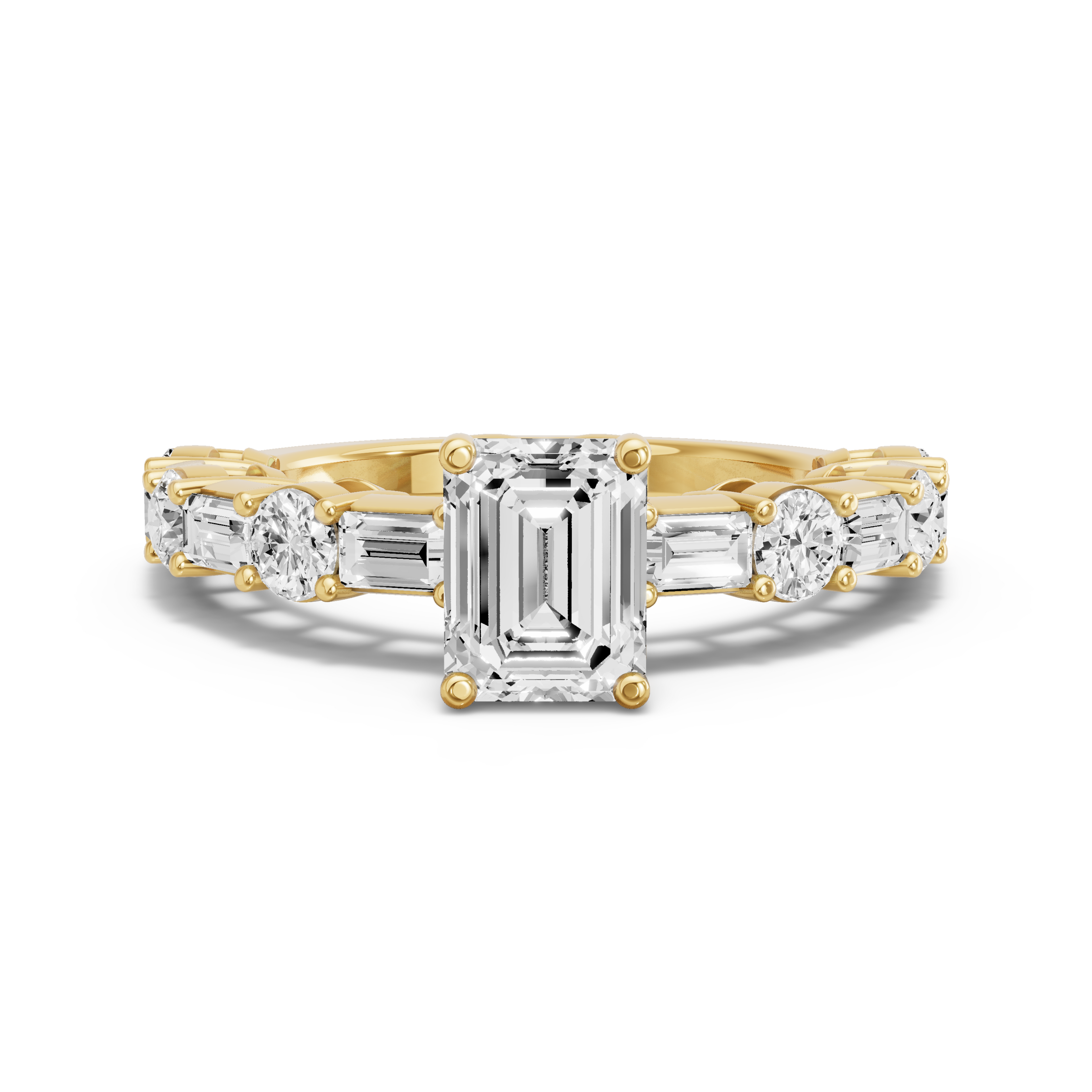Image for Emerald Tulip Basket Ring with Alternating Baguette band in 10K Yellow Gold