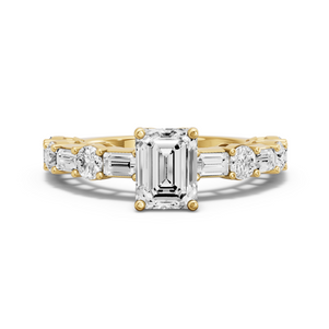 Image for Emerald Tulip Basket Ring with Alternating Baguette band in 14K Yellow Gold