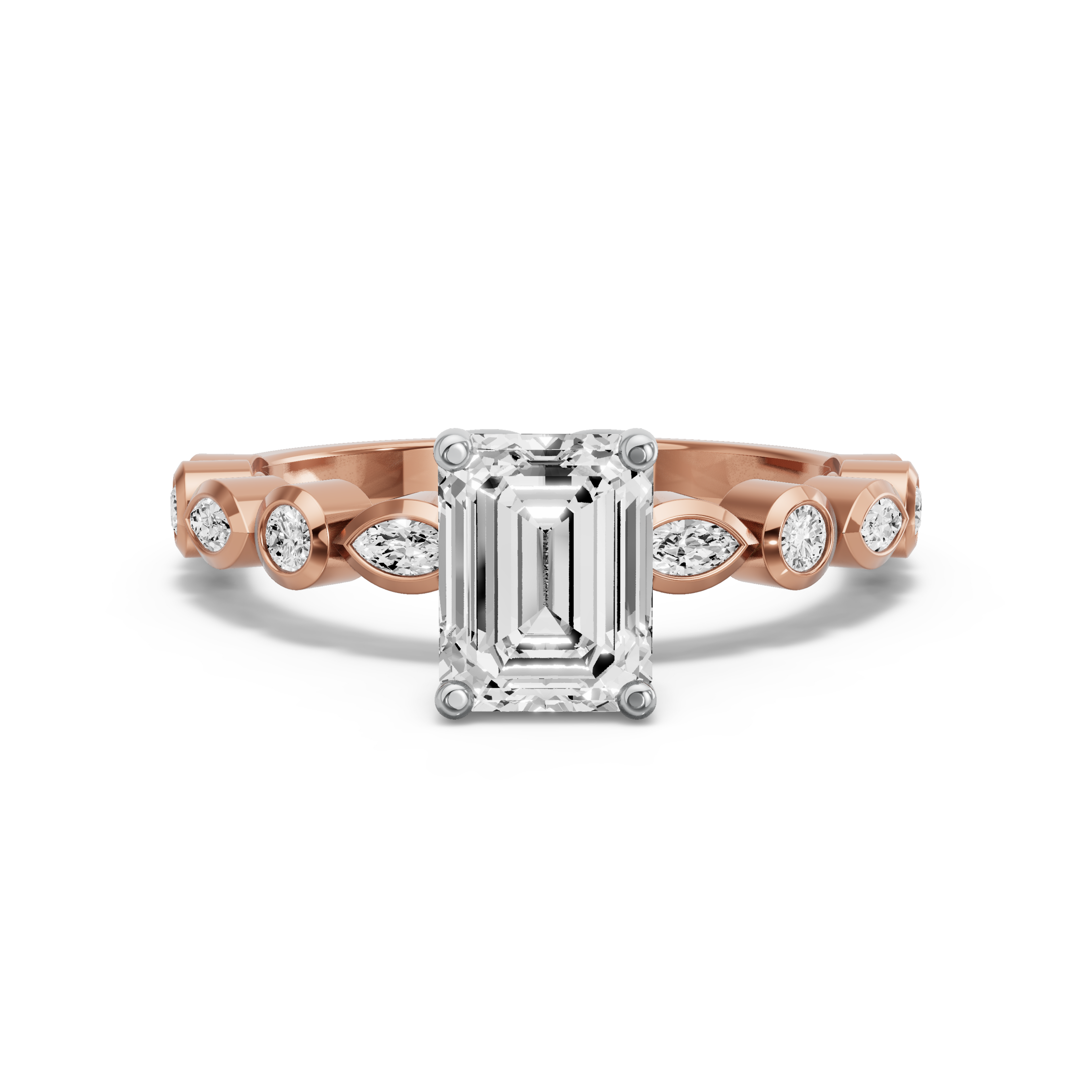 Image for Emerald Tulip Basket Ring with Alternating Marquise band in 18K Two Tone Rose Gold