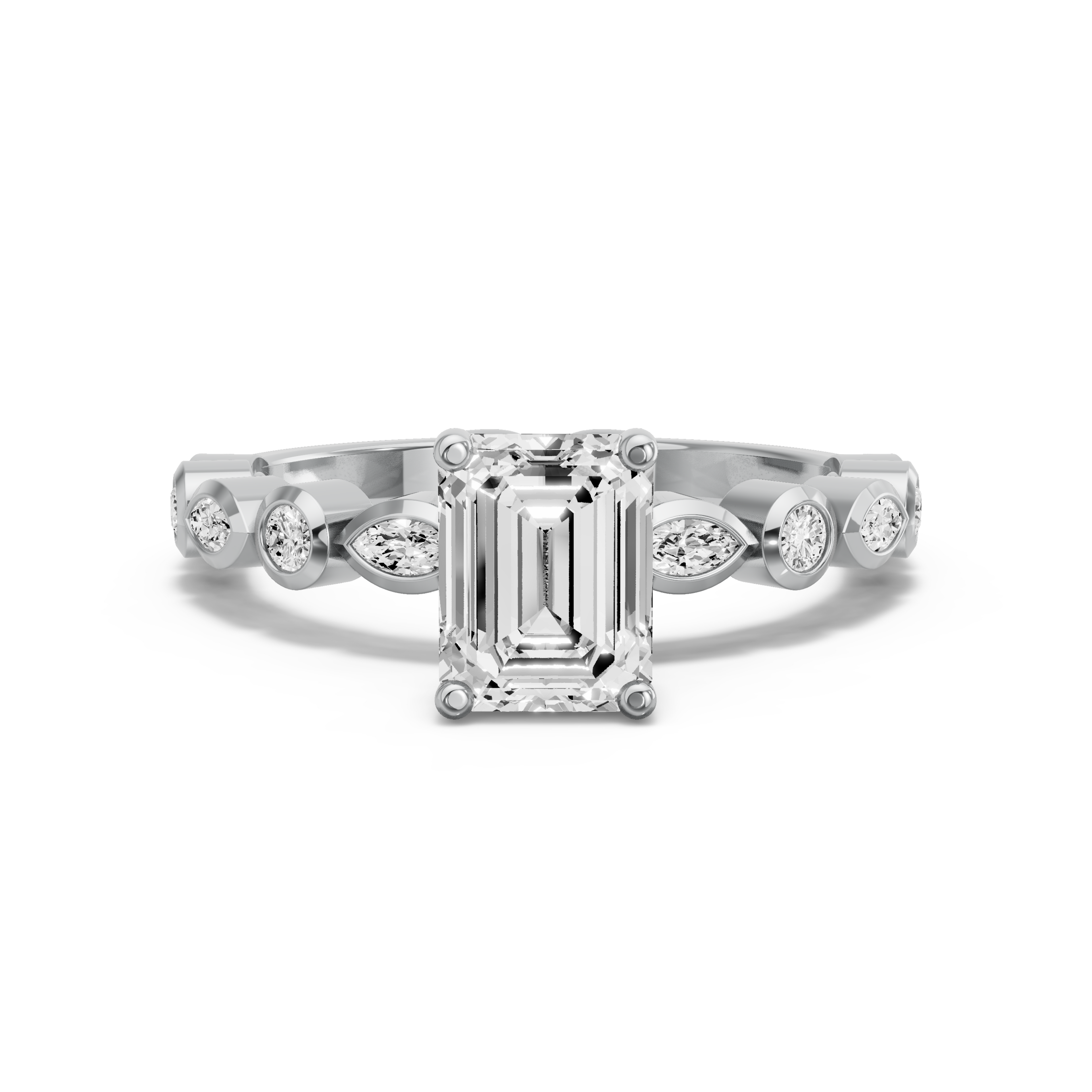 Image for Emerald Tulip Basket Ring with Alternating Marquise band in 18K White Gold