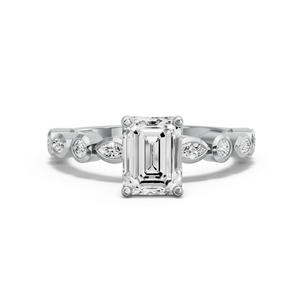 Image for Emerald Tulip Basket Ring with Alternating Marquise band in 18K White Gold
