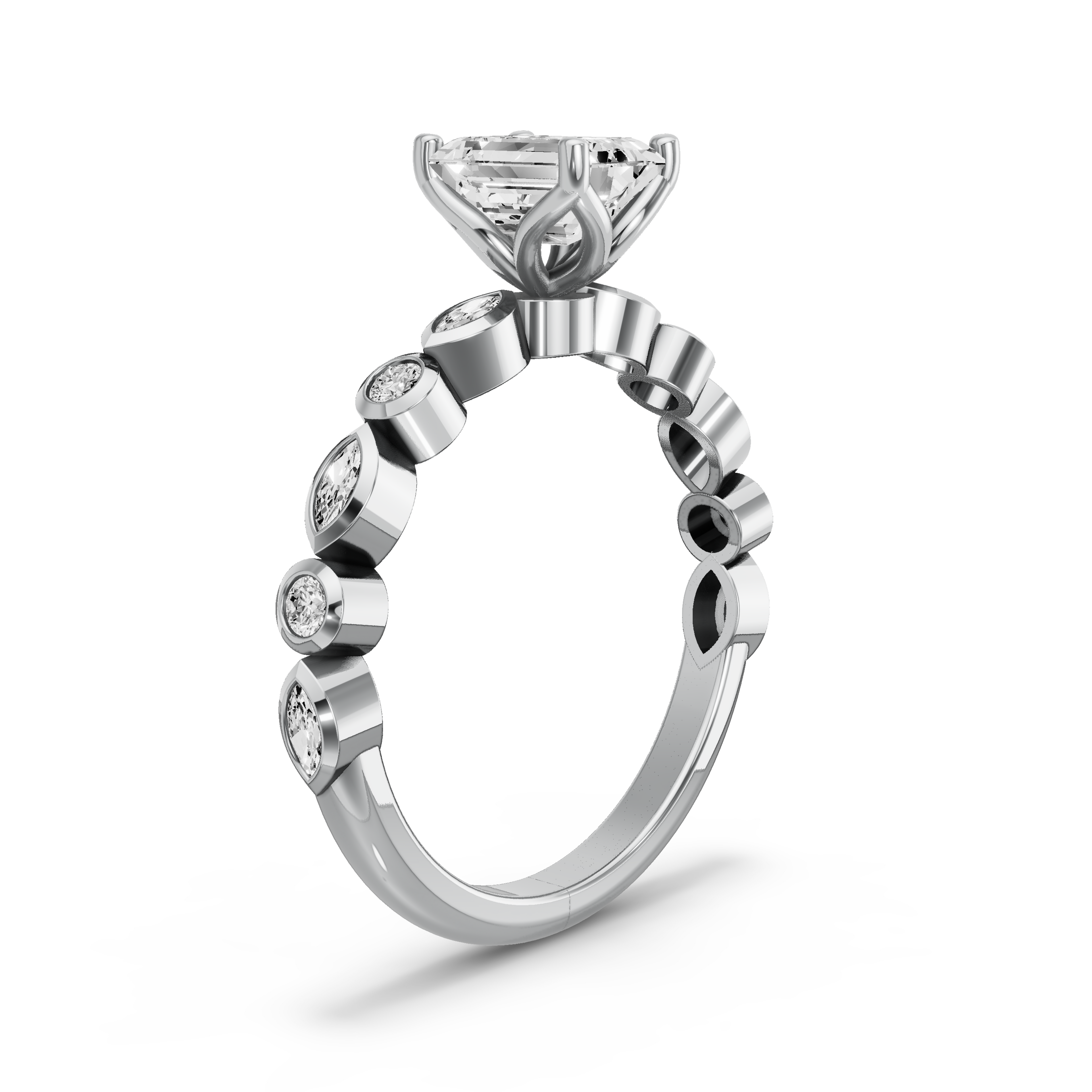 Image for Emerald Tulip Basket Ring with Alternating Marquise band in 14K White Gold