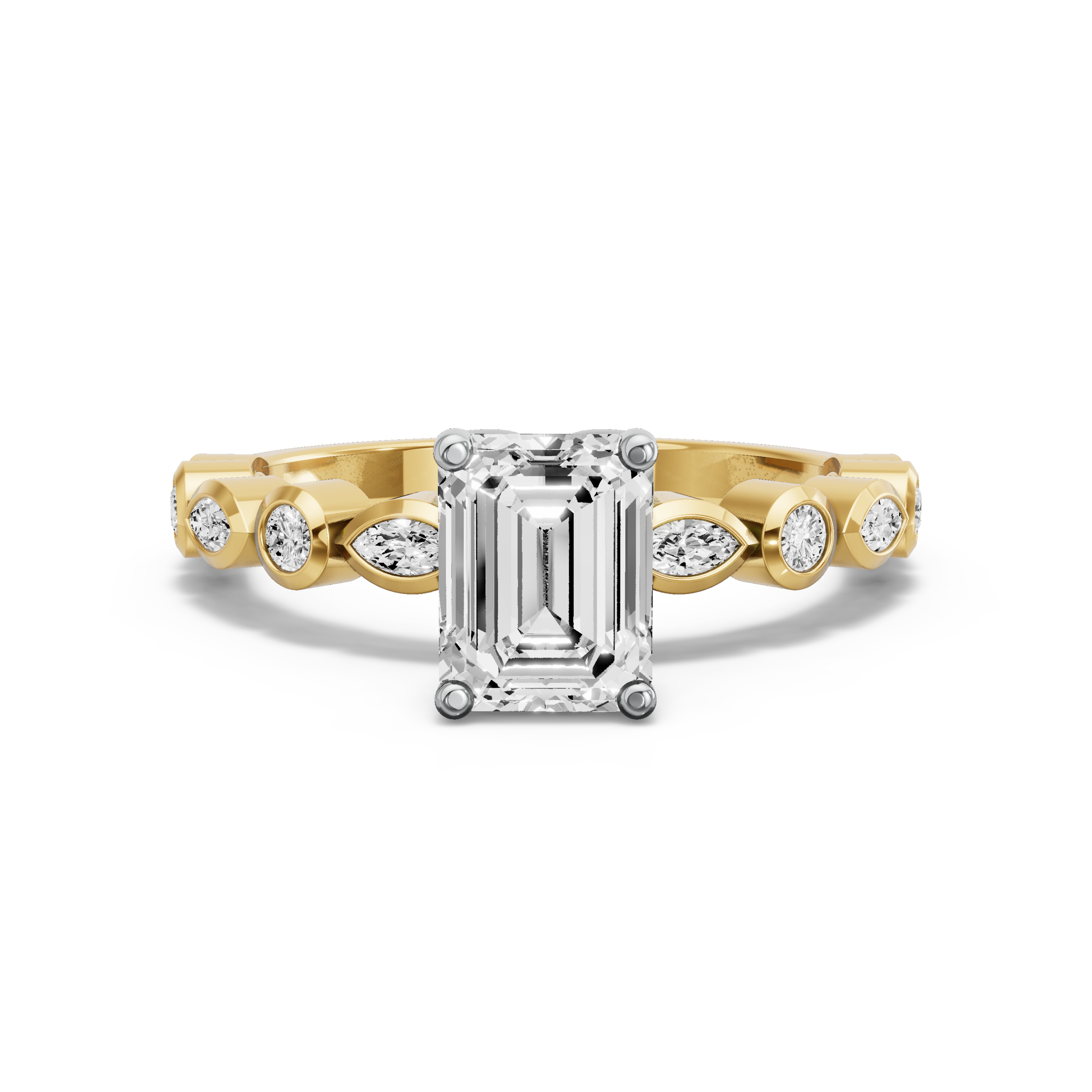 Image for Emerald Tulip Basket Ring with Alternating Marquise band in 18K Two Tone Yellow Gold