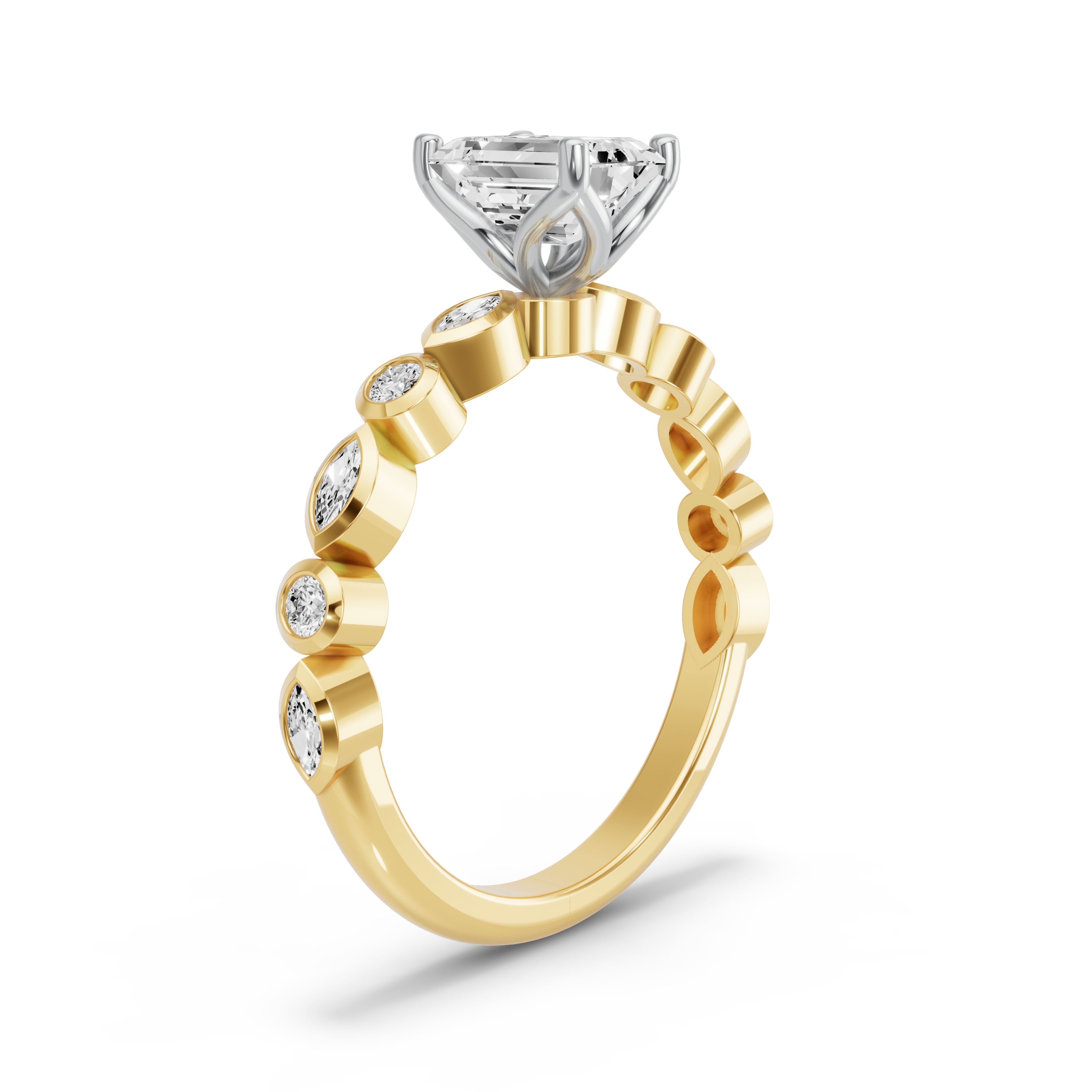 Image for Emerald Tulip Basket Ring with Alternating Marquise band in 14K Two Tone Yellow Gold