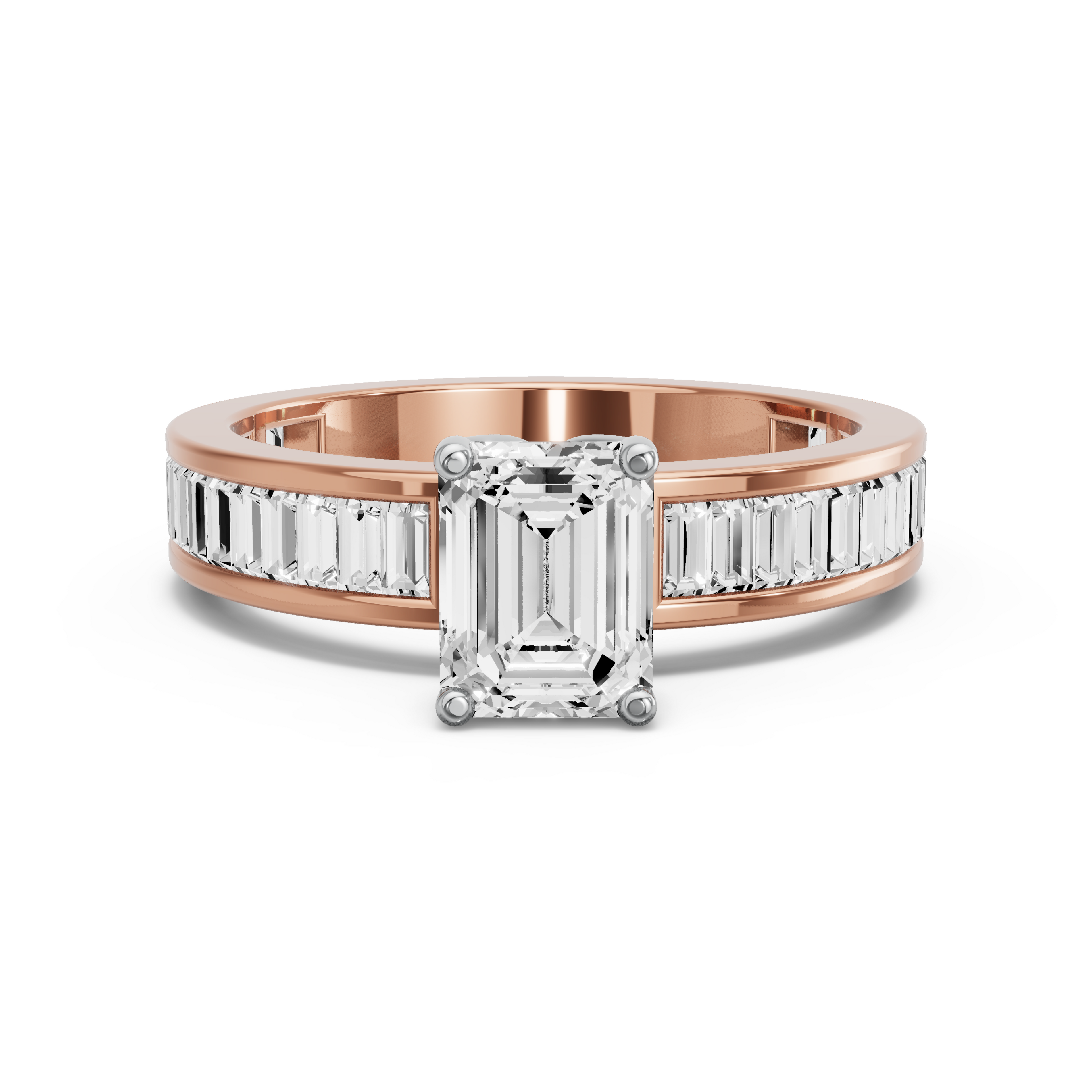 Image for Emerald Tulip Basket Ring with Baguette Channel band in 18K Two Tone Rose Gold