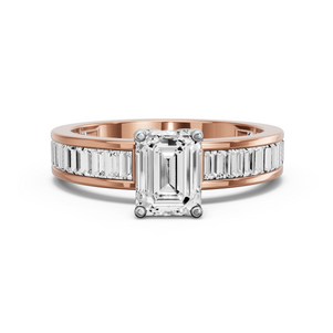 Image for Emerald Tulip Basket Ring with Baguette Channel band in 14K Two Tone Rose Gold
